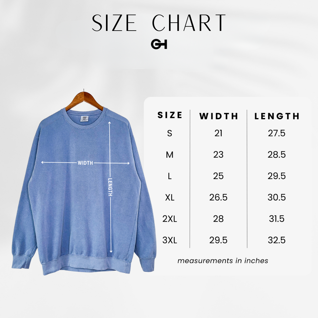 GOLDxTEAL sweatshirt size chart.