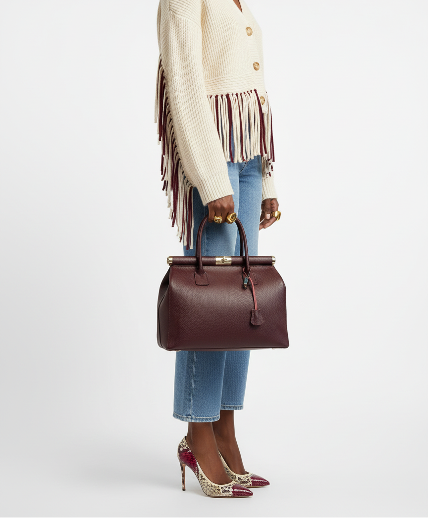 GOLD xTEAL chic Bordeaux leather lock handbag.