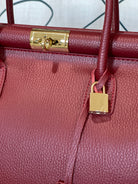 GOLD xTEAL chic Bordeaux leather lock handbag.