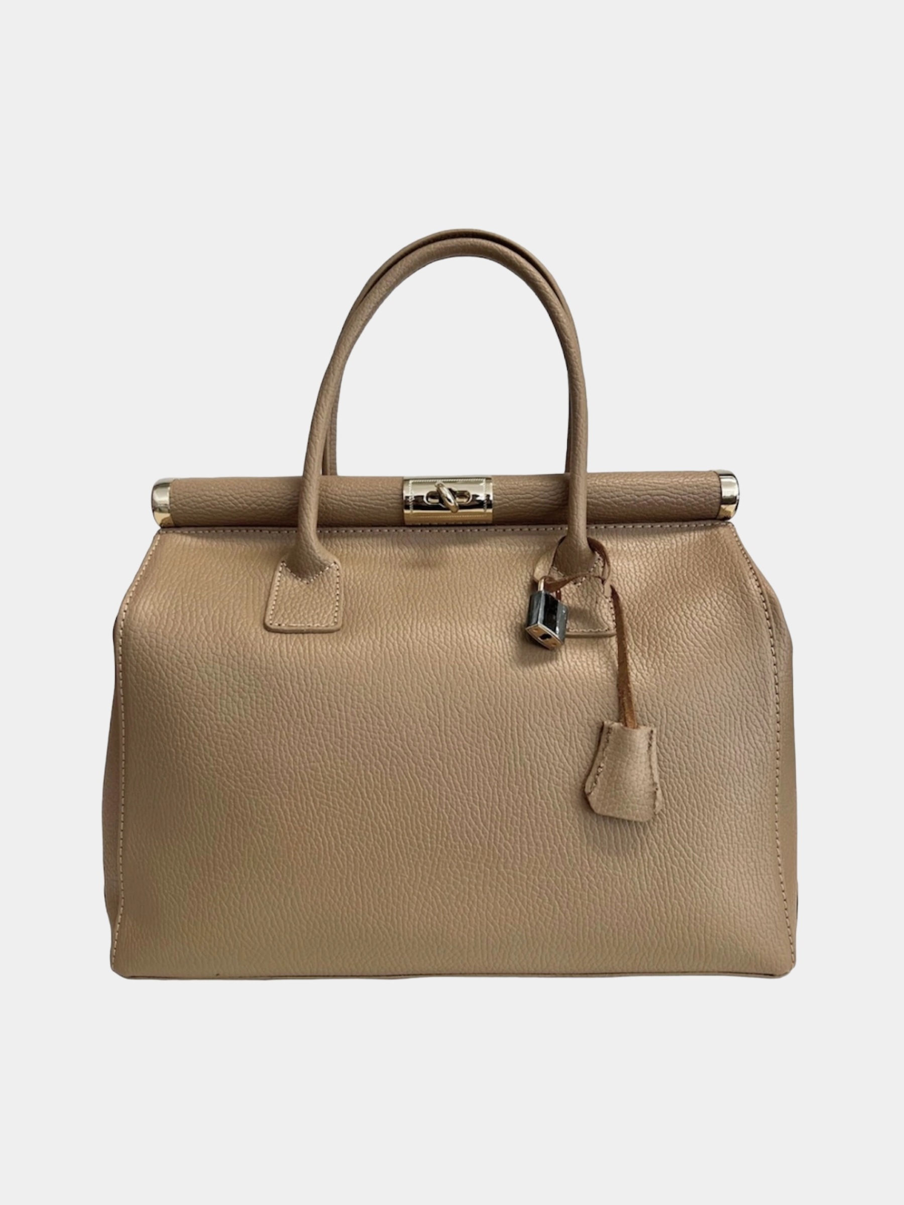 GOLDxTEAL gorgeous taupe leather handbag with gold tone lock.