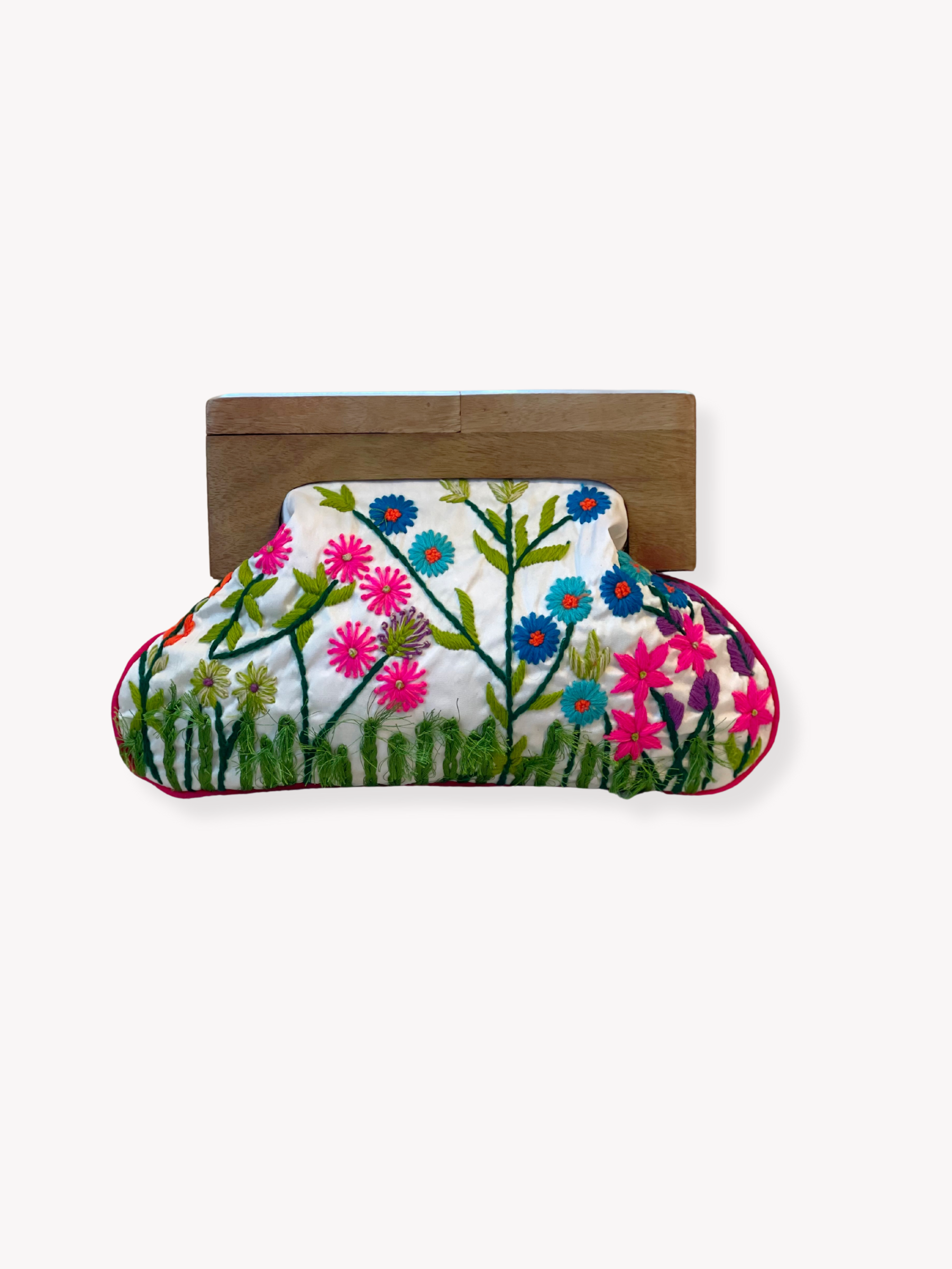 GOLDxTEAL gorgeous colorful embroidered clutch with wooden handle.