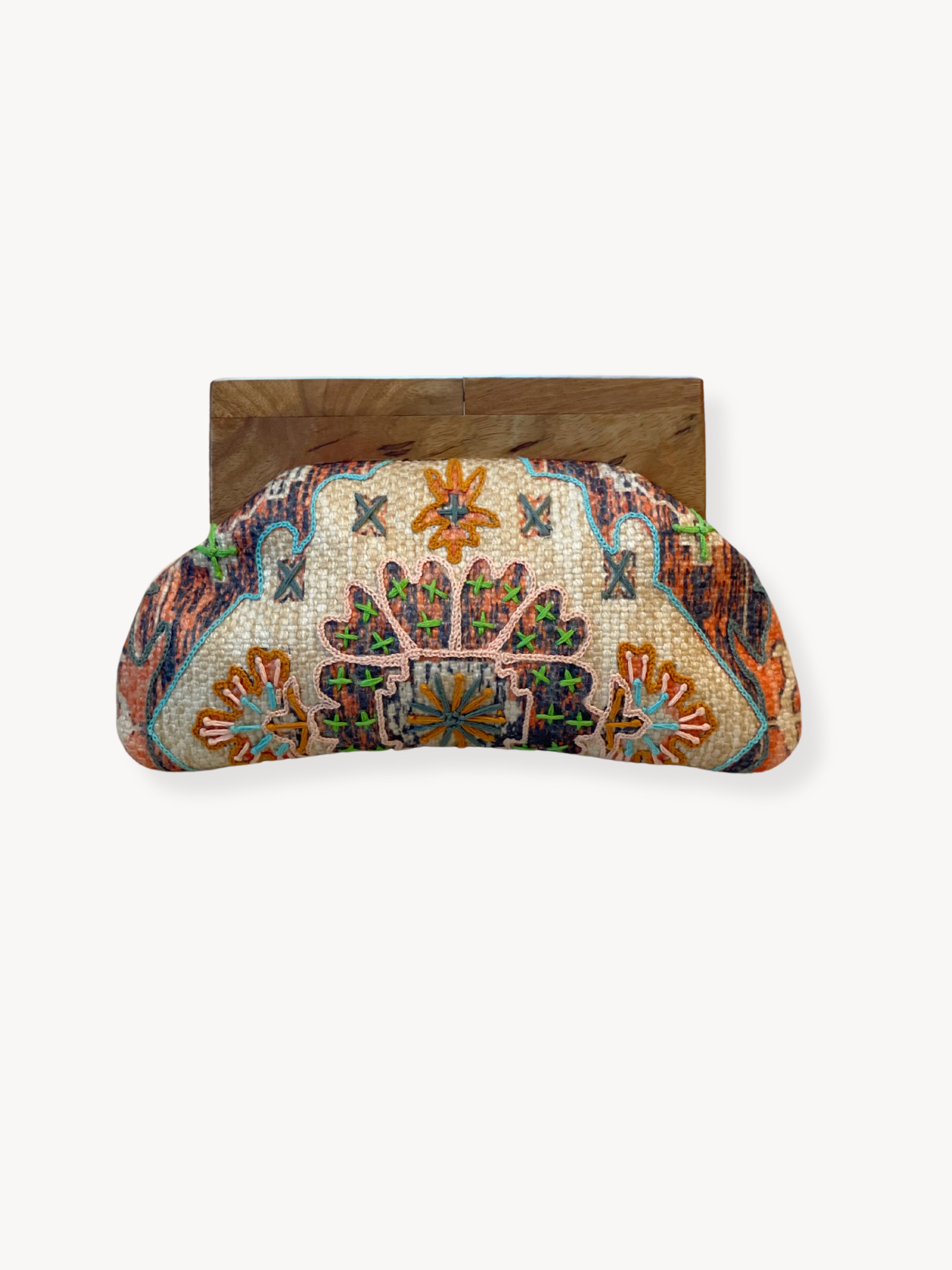 GOLDxTEAL gorgeous handmade embroidered clutch with wooden handle.