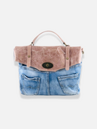 GOLDxTEAL denim and leather handbag.