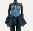 GOLDxTEAL denim bustier peplum top.