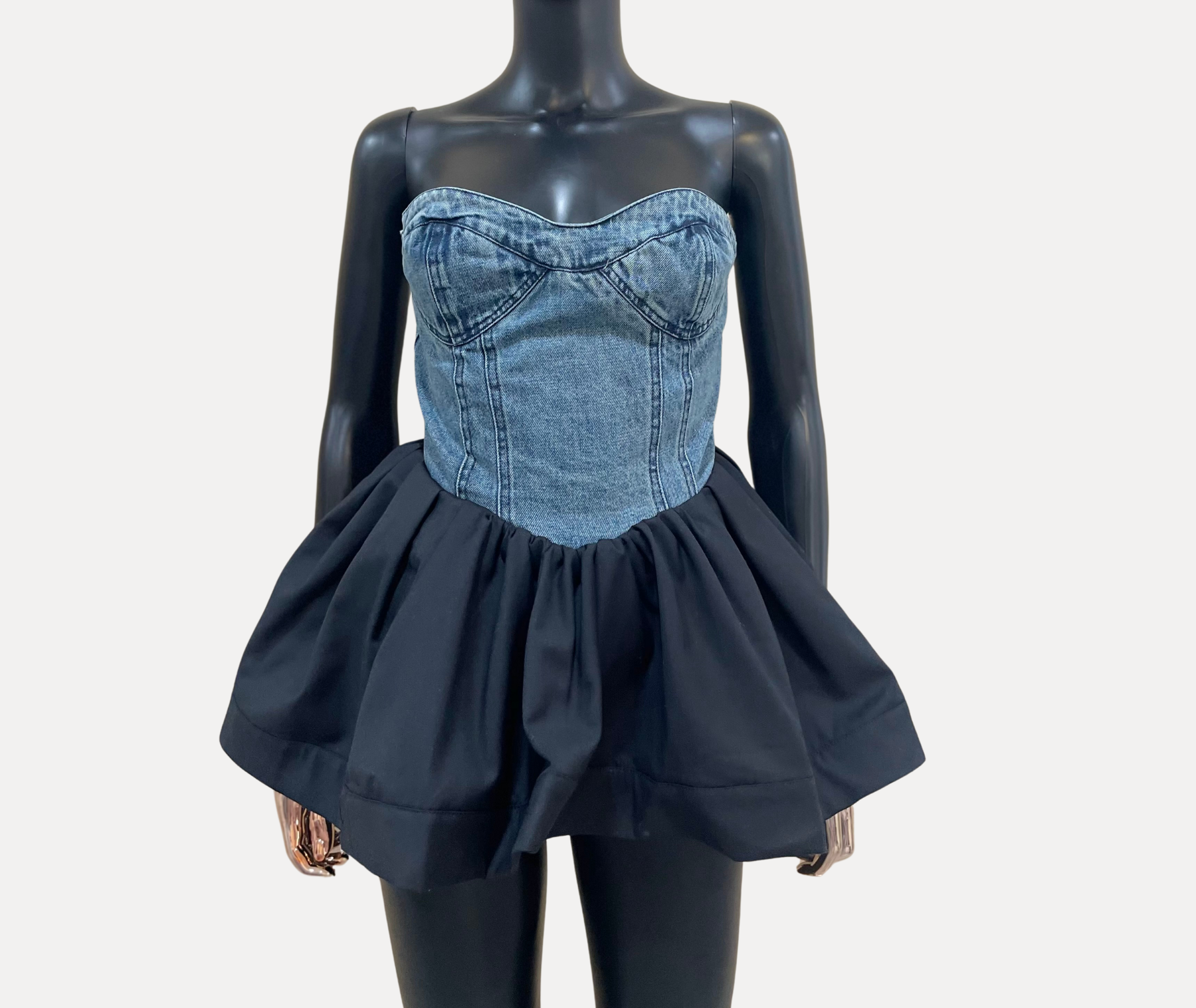 GOLDxTEAL denim bustier peplum top.