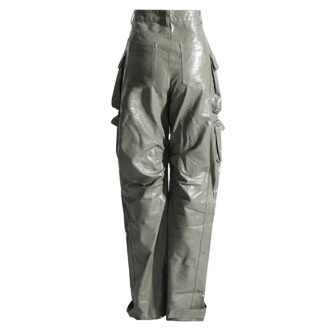 GOLDxTEAL designer faux leather cargo pants. Gorgeous green vegan leather cargo jeans.