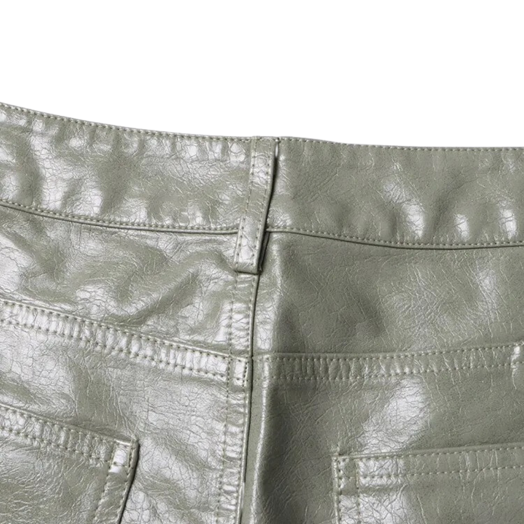 GOLDxTEAL designer faux leather cargo pants. Gorgeous green vegan leather cargo jeans.