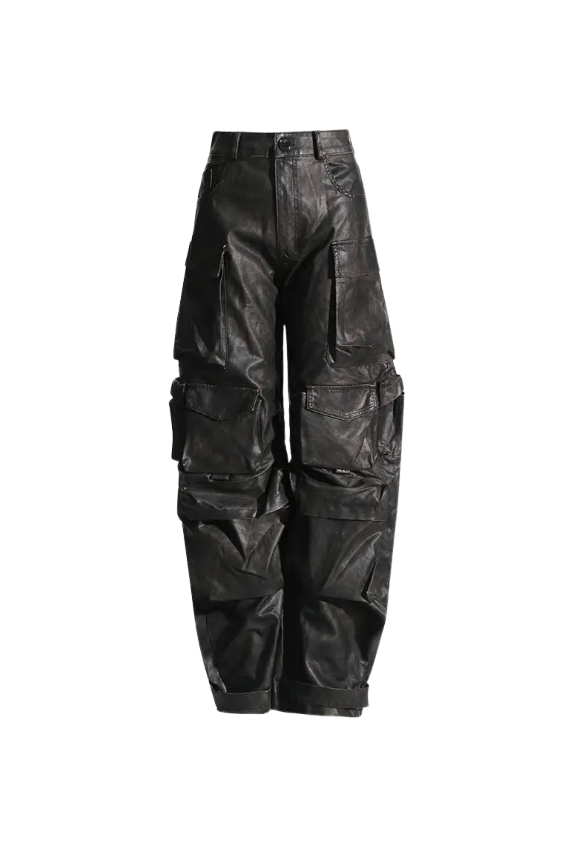 GOLDxTEAL vintage vegan leather cargo pants.