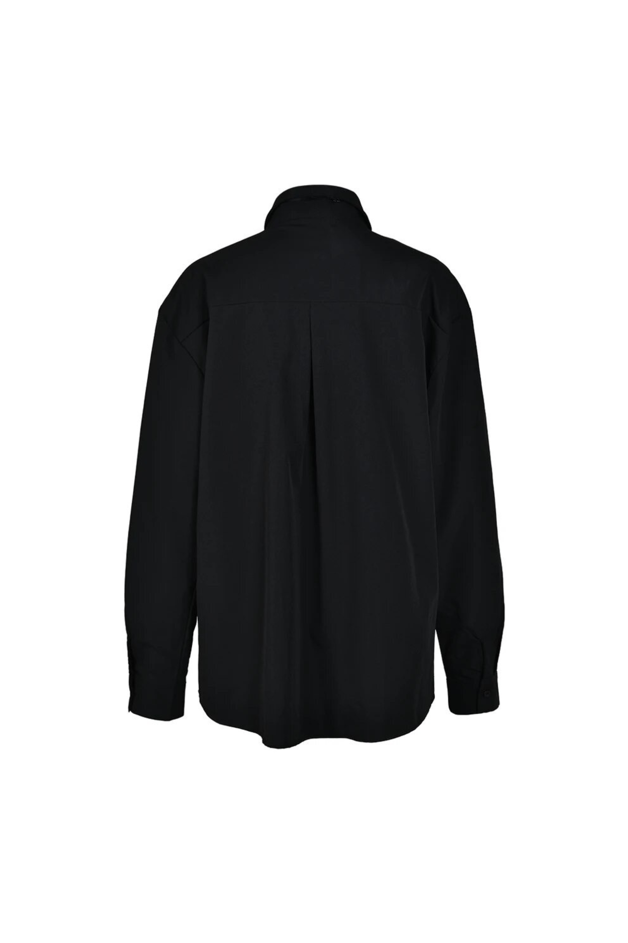 GOLDxTEAL stylish black button-down shirt with silver metal embellishments.