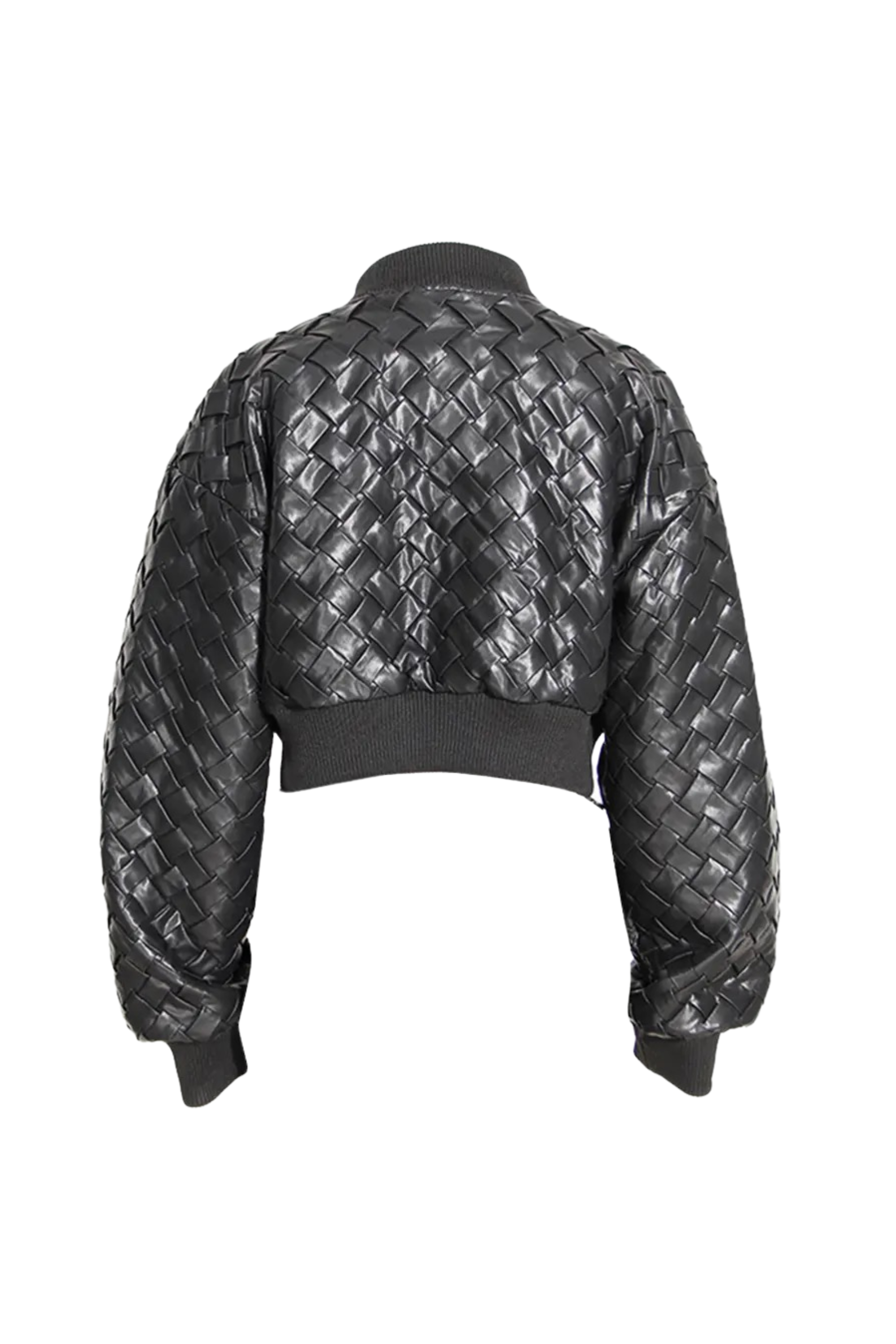 GOLDxTEAL black vegan woven leather bomber jacket.