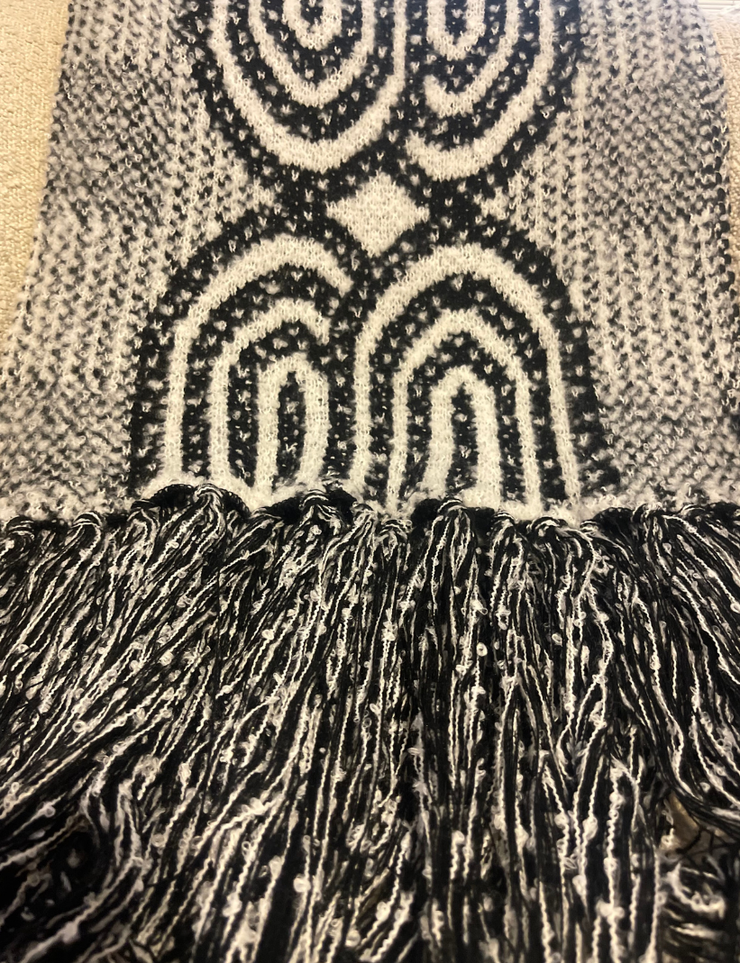GOLDxTEAL black and white graphic fringe scarf.