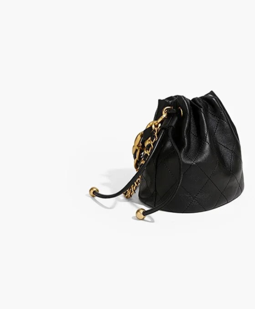 GOLDxTEAL black leather mini bucket bag with a gold woven chain handle.
