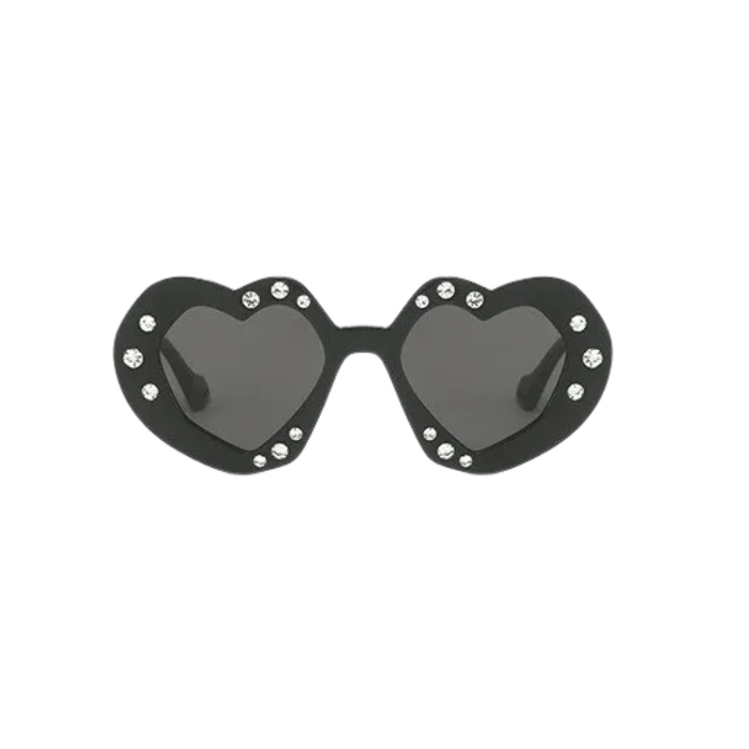 GOLDxTEAL oversized black heart shaped sunglasses.