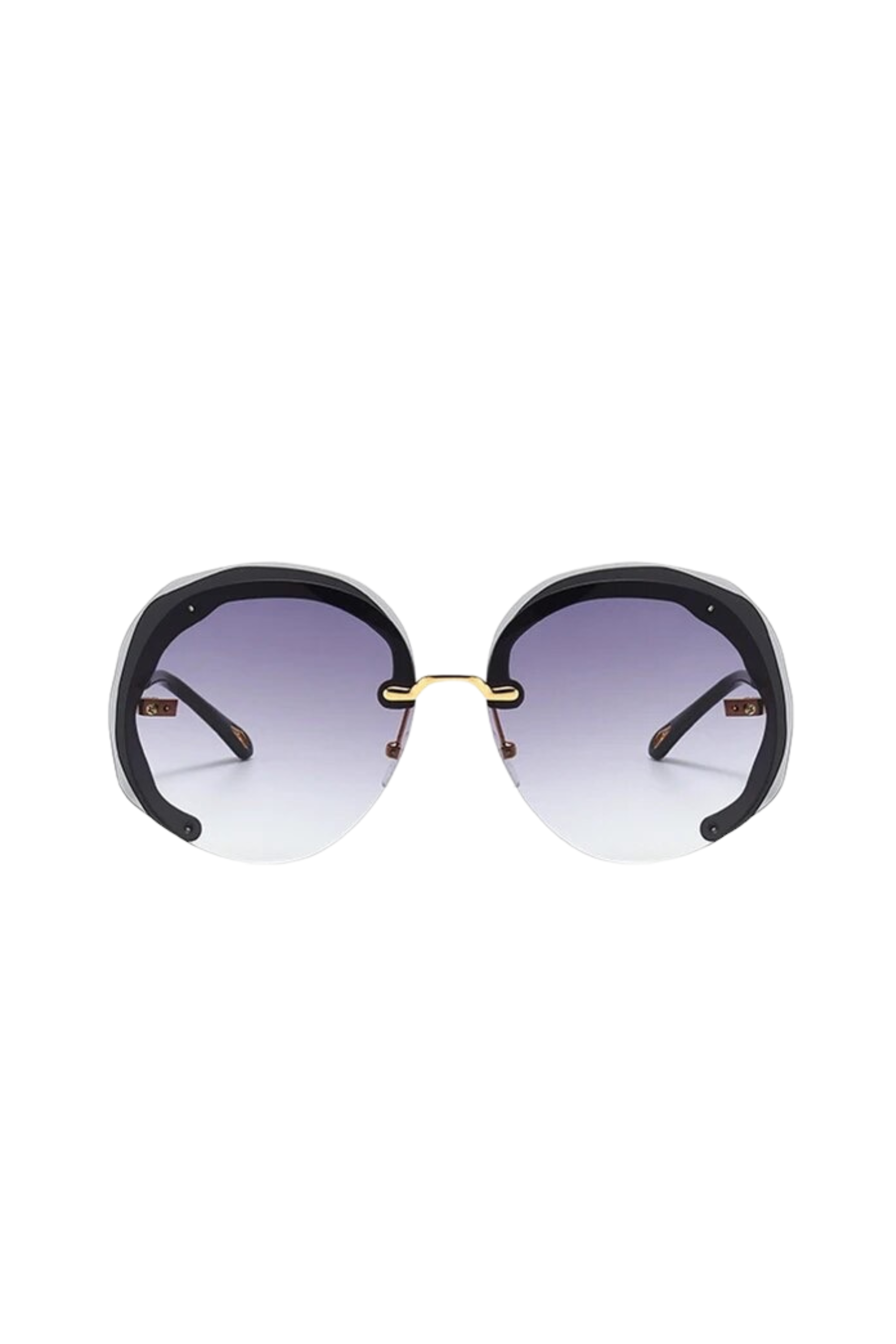 GOLDxTEAL black rimless oversized sunglasses.