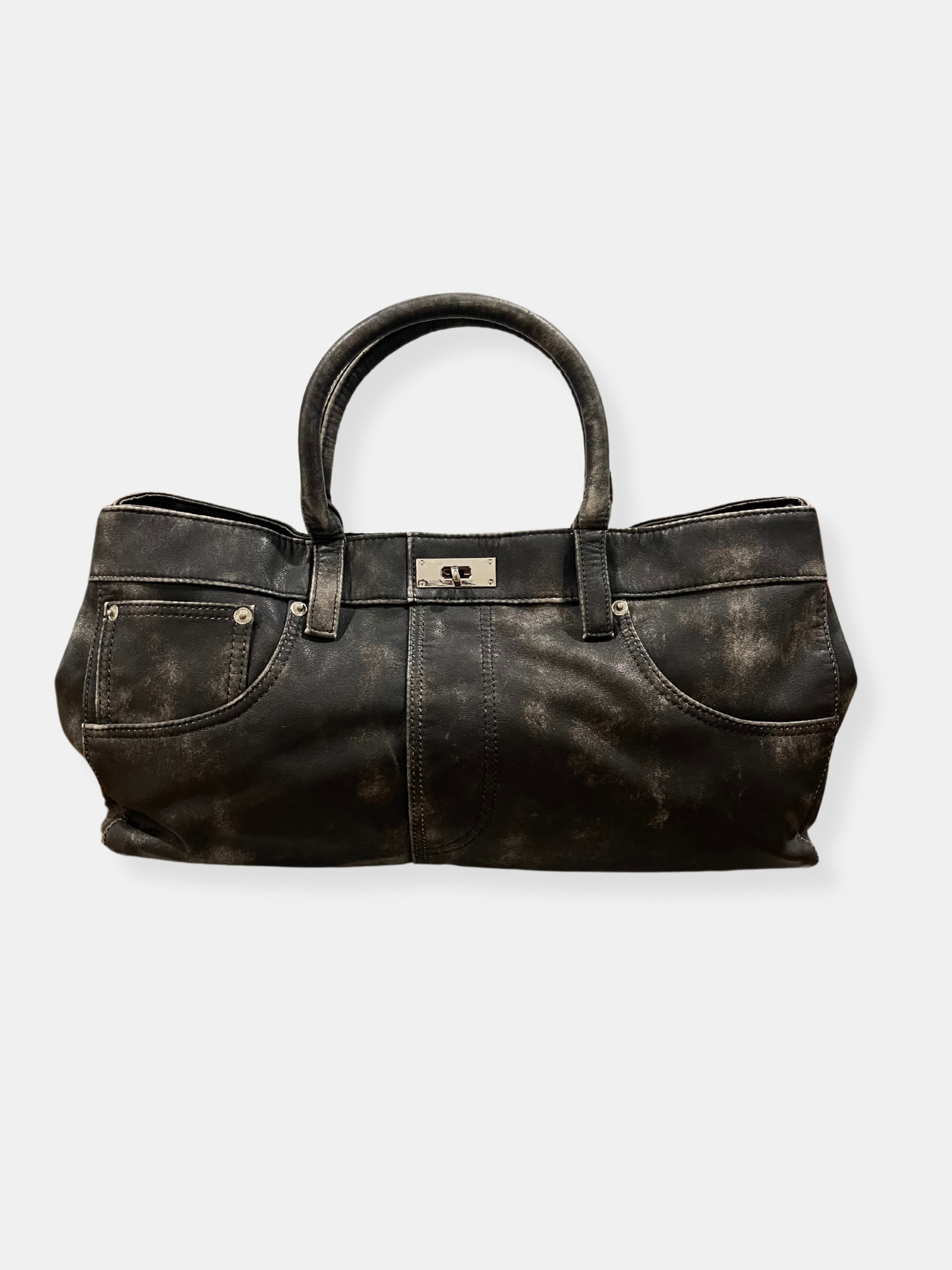 GOLDxTEAL distressed vegan leather handbag.