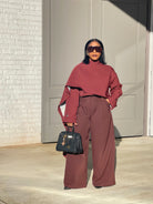 GOLDxTEAL high waist bordeaux wide leg pants.