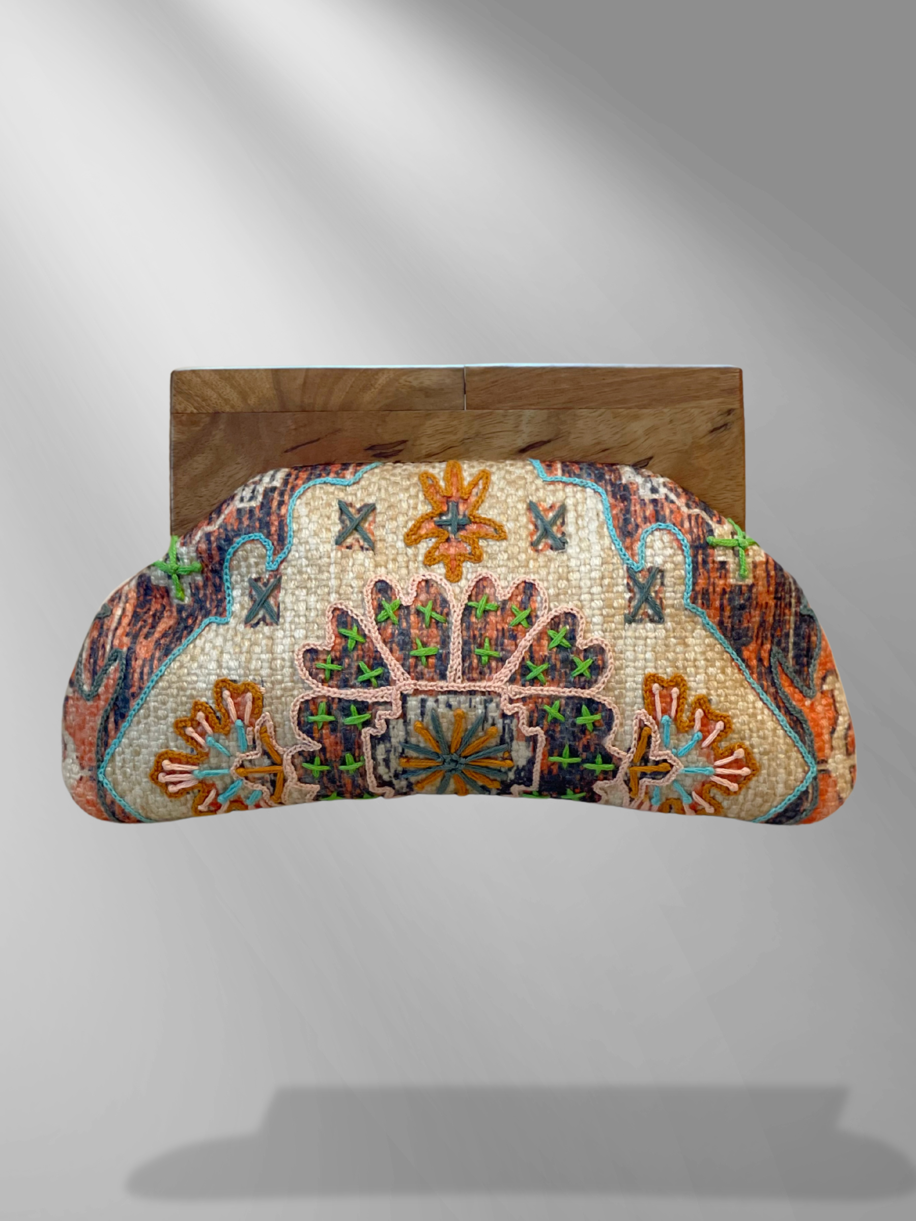 GOLDxTEAL  gorgeous handmade embroidered clutch with wooden handle.