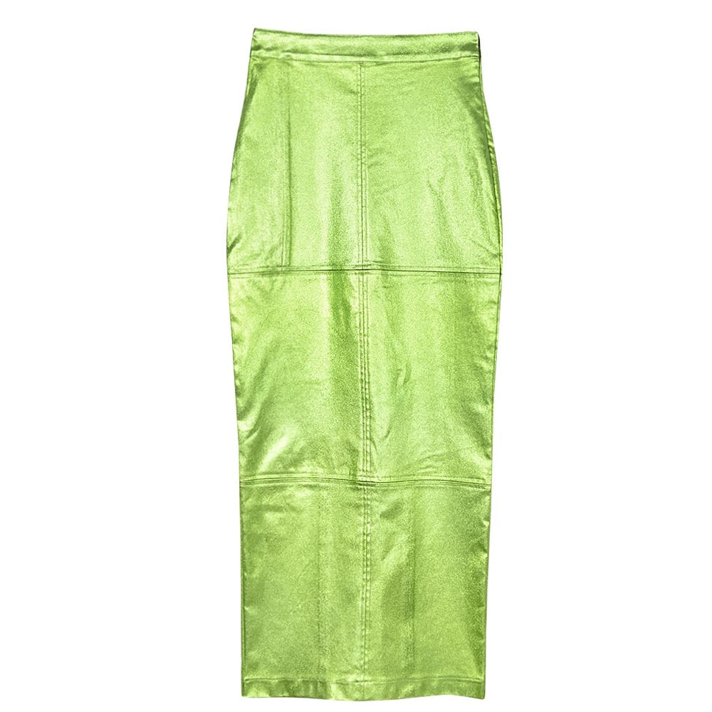 GOLDxTEAL green faux leather maxi skirt.
