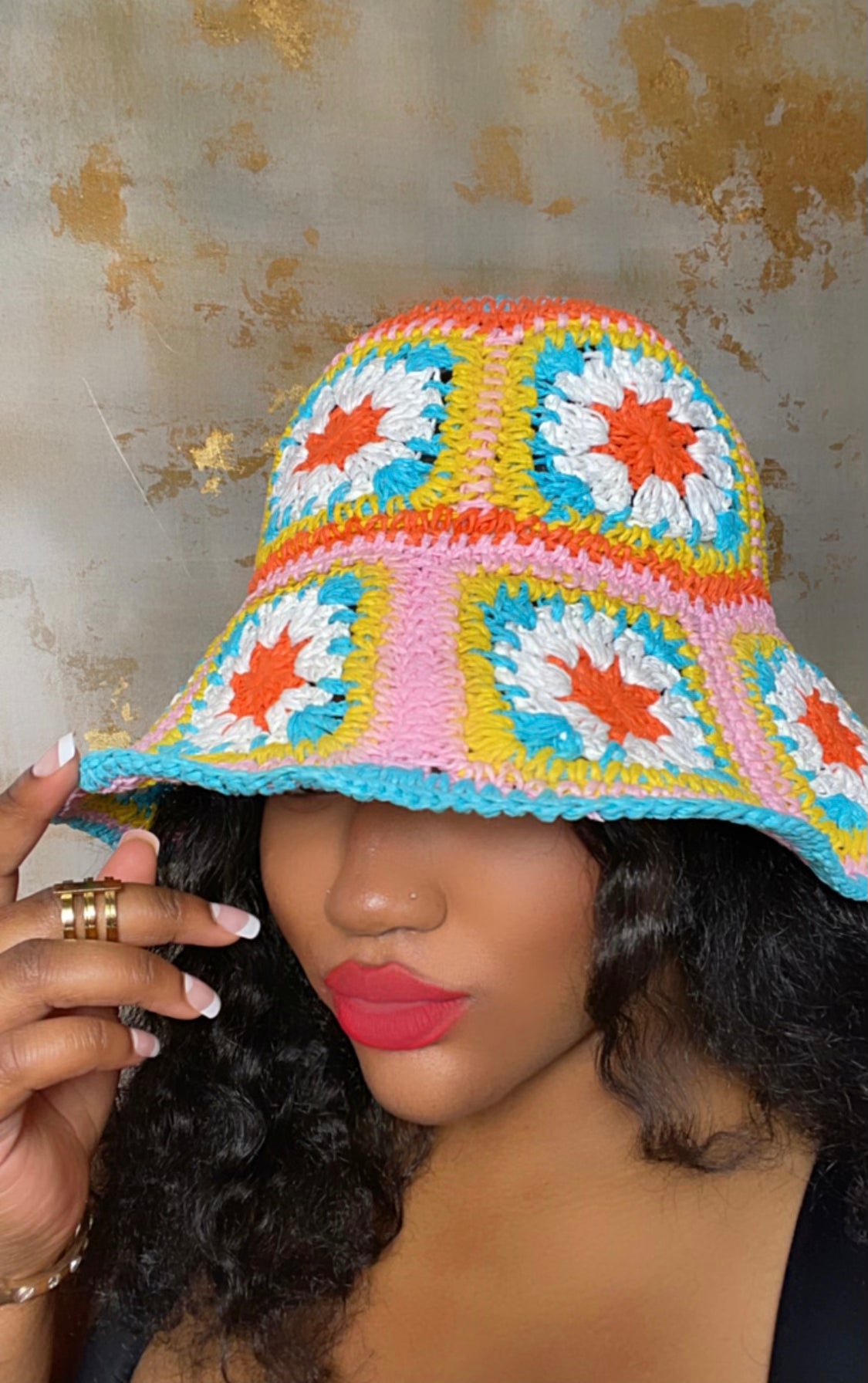 GOLDxTEAL colorful crochet raffia hat.