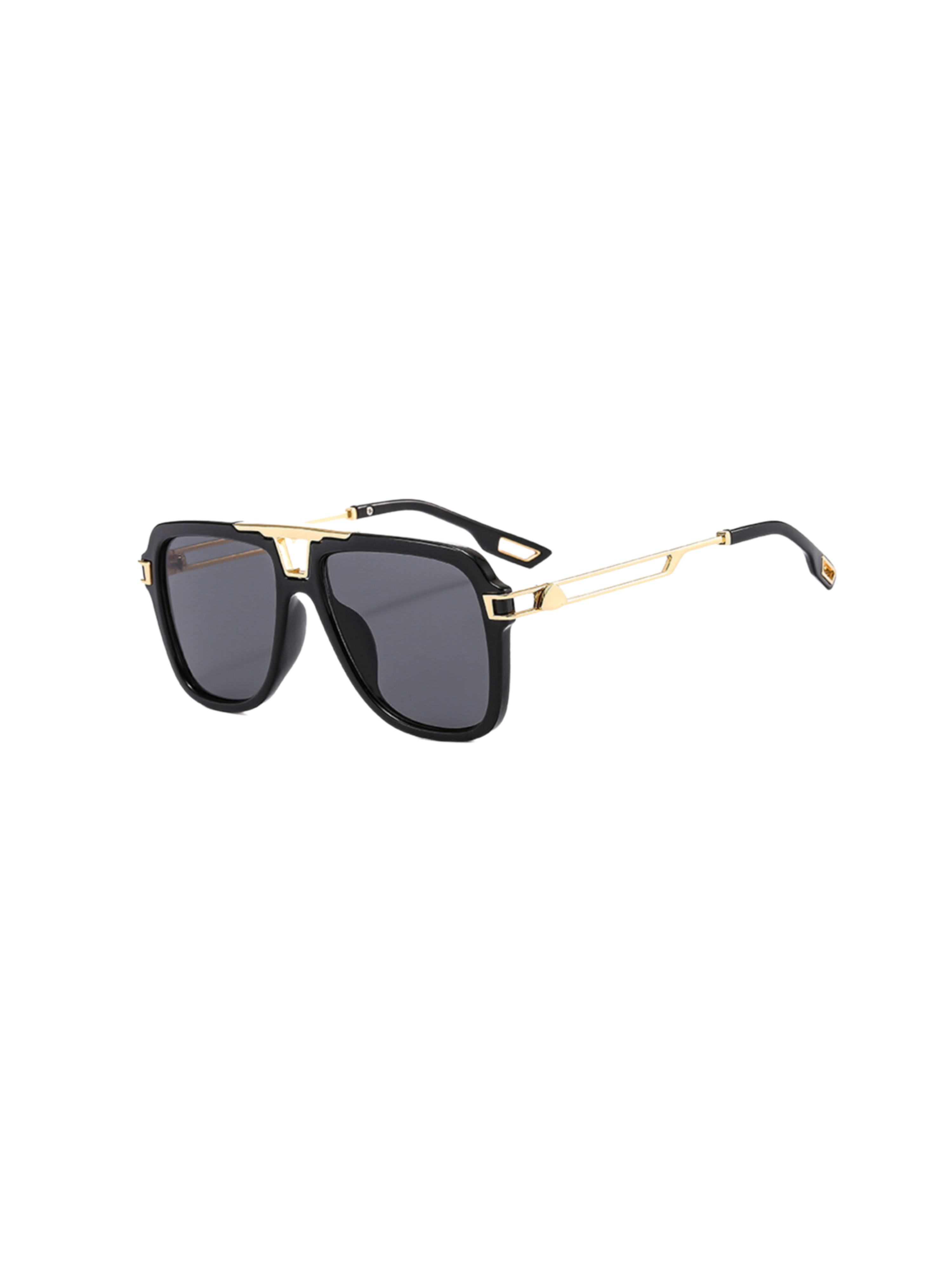 GOLDxTEAL black rounded sunglasses with gold tone metal accents.