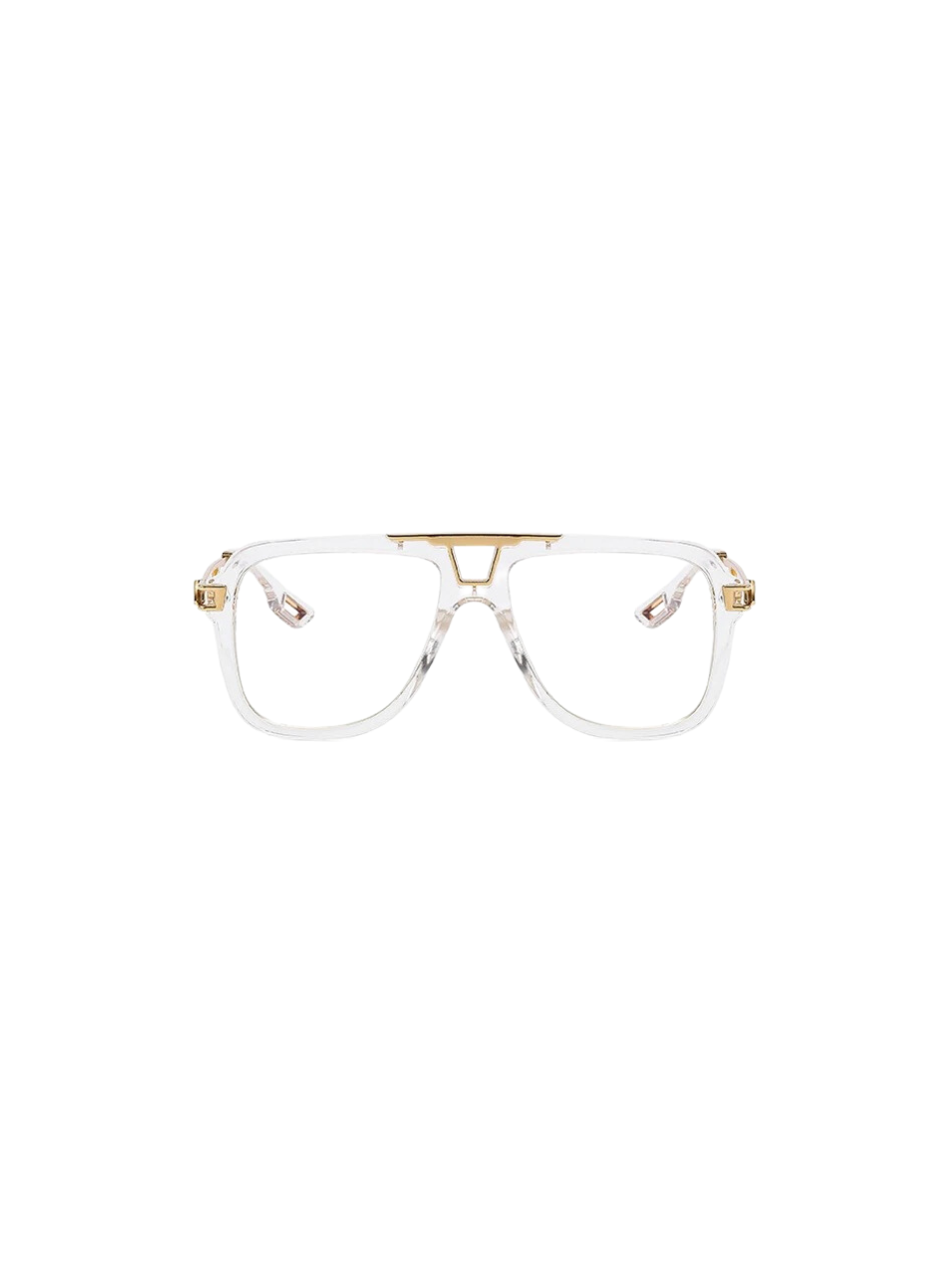 GOLDxTEAL clear frame rounded sunglasses with gold tone metal accents.