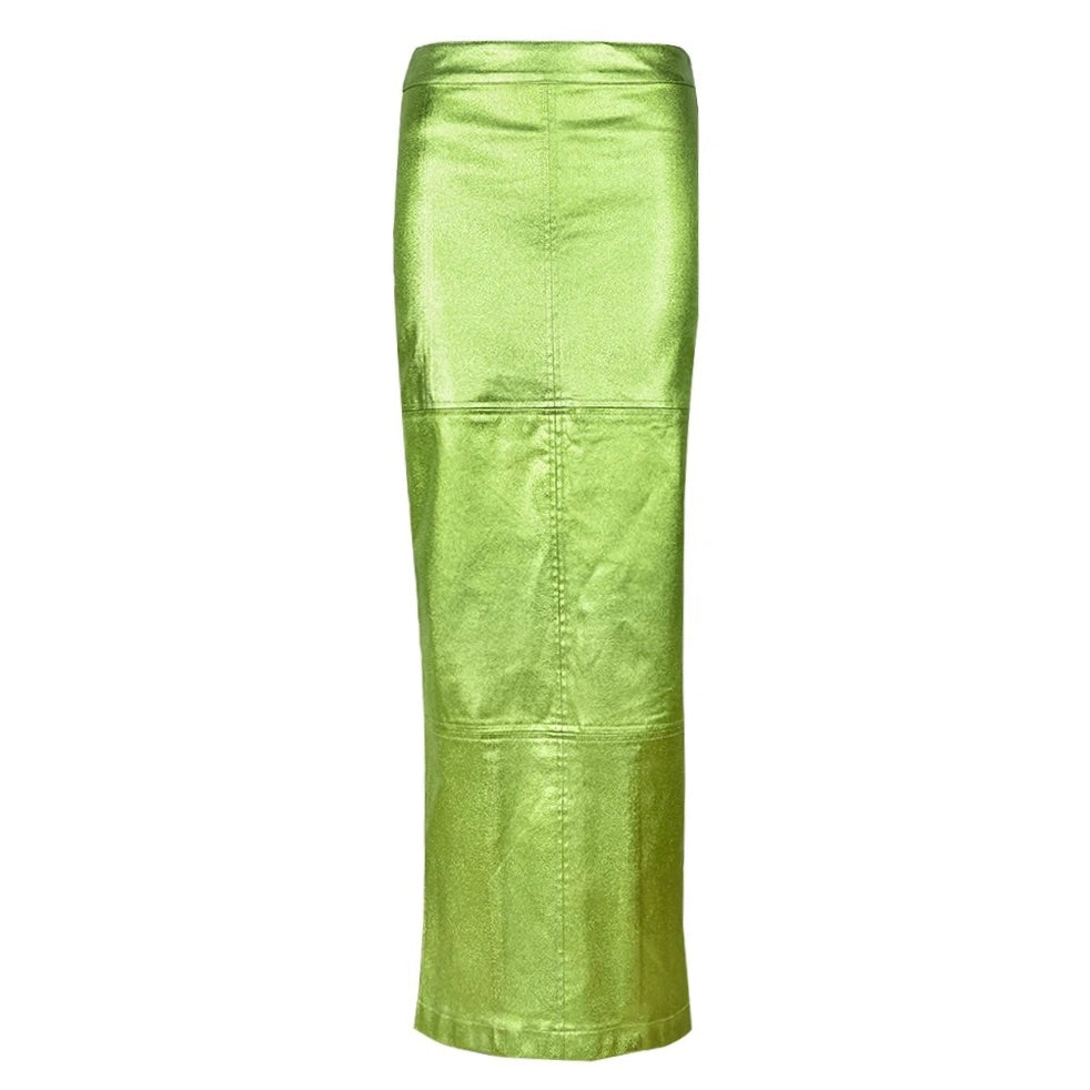 GOLDxTEAL green faux leather maxi skirt.