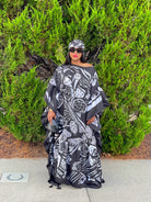 GOLDxTEAL abstract printed black and white kaftan. Stylish kaftan maxi dress featuring ruffles