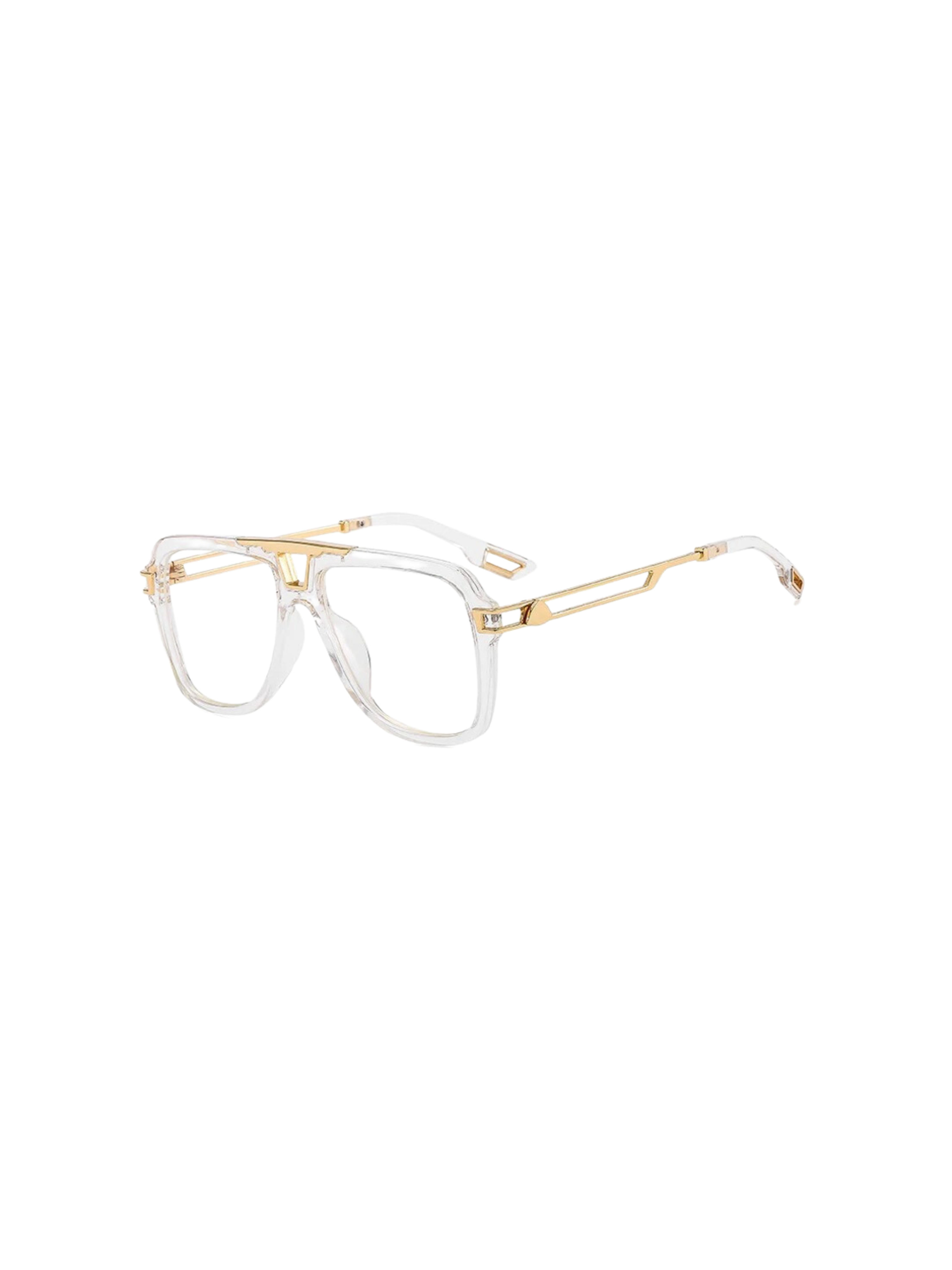 GOLDxTEAL clear frame rounded sunglasses with gold tone metal accents.