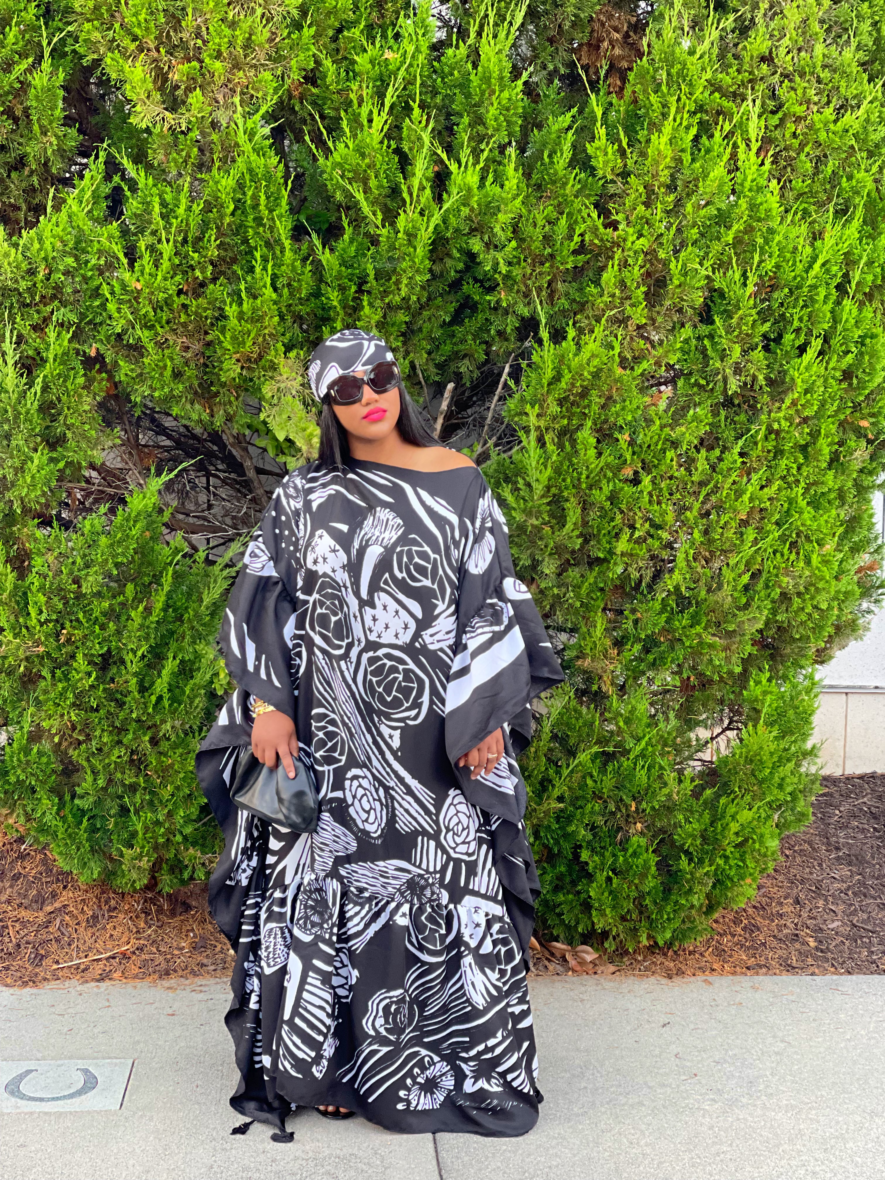 GOLDxTEAL abstract printed black and white kaftan. Stylish kaftan maxi dress featuring ruffles.