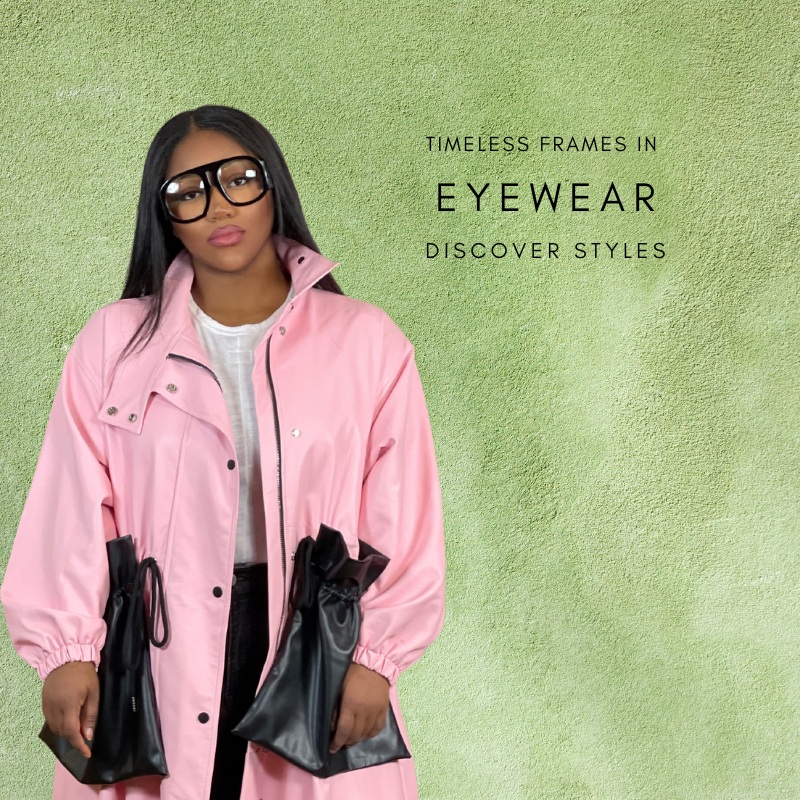 GOLDxTEAL oversized framed glasses and Sugar Bluff faux leather pink and black coat.
