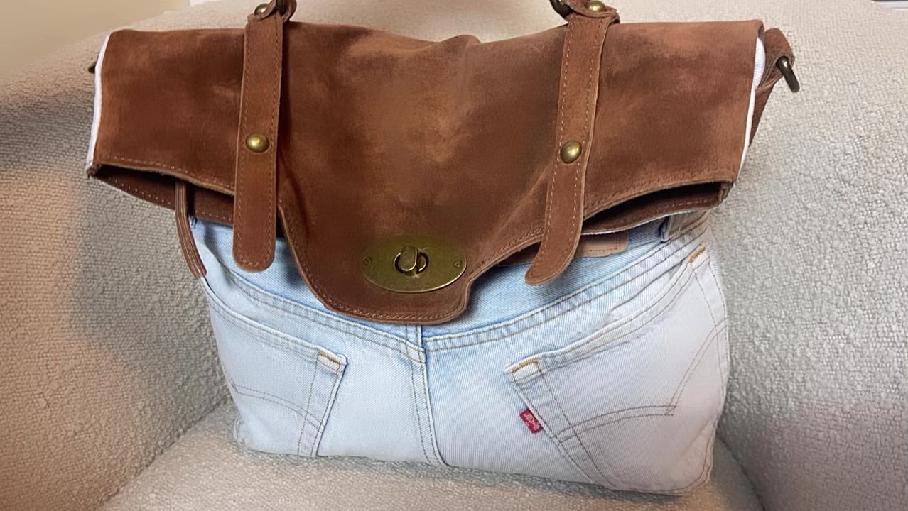 GOLDxTEAL gorgeous handcrafted denim and suede handbag.