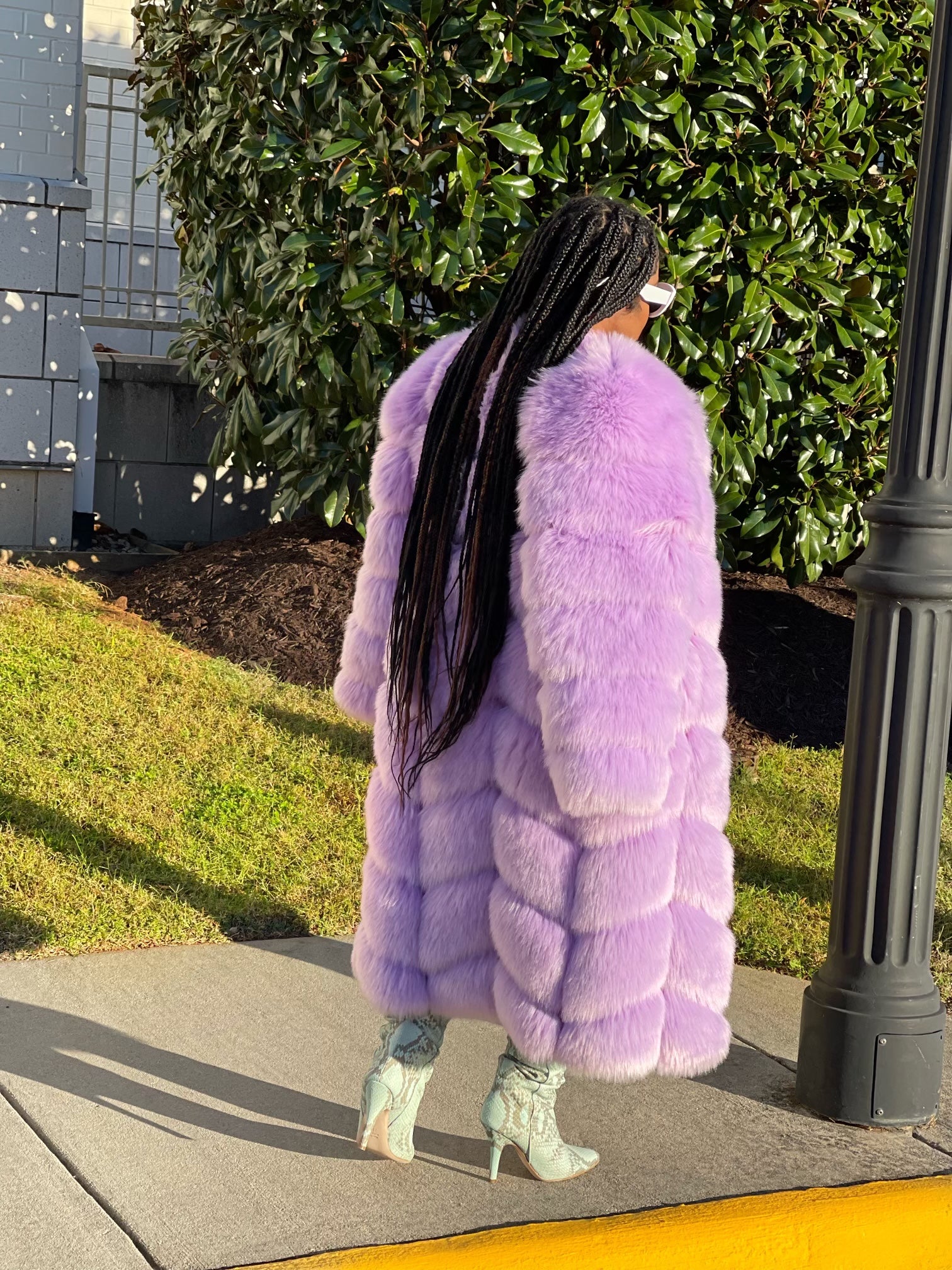 GOLDxTEAL purple faux fur coat. Gorgeous lilac vegan fur coat.