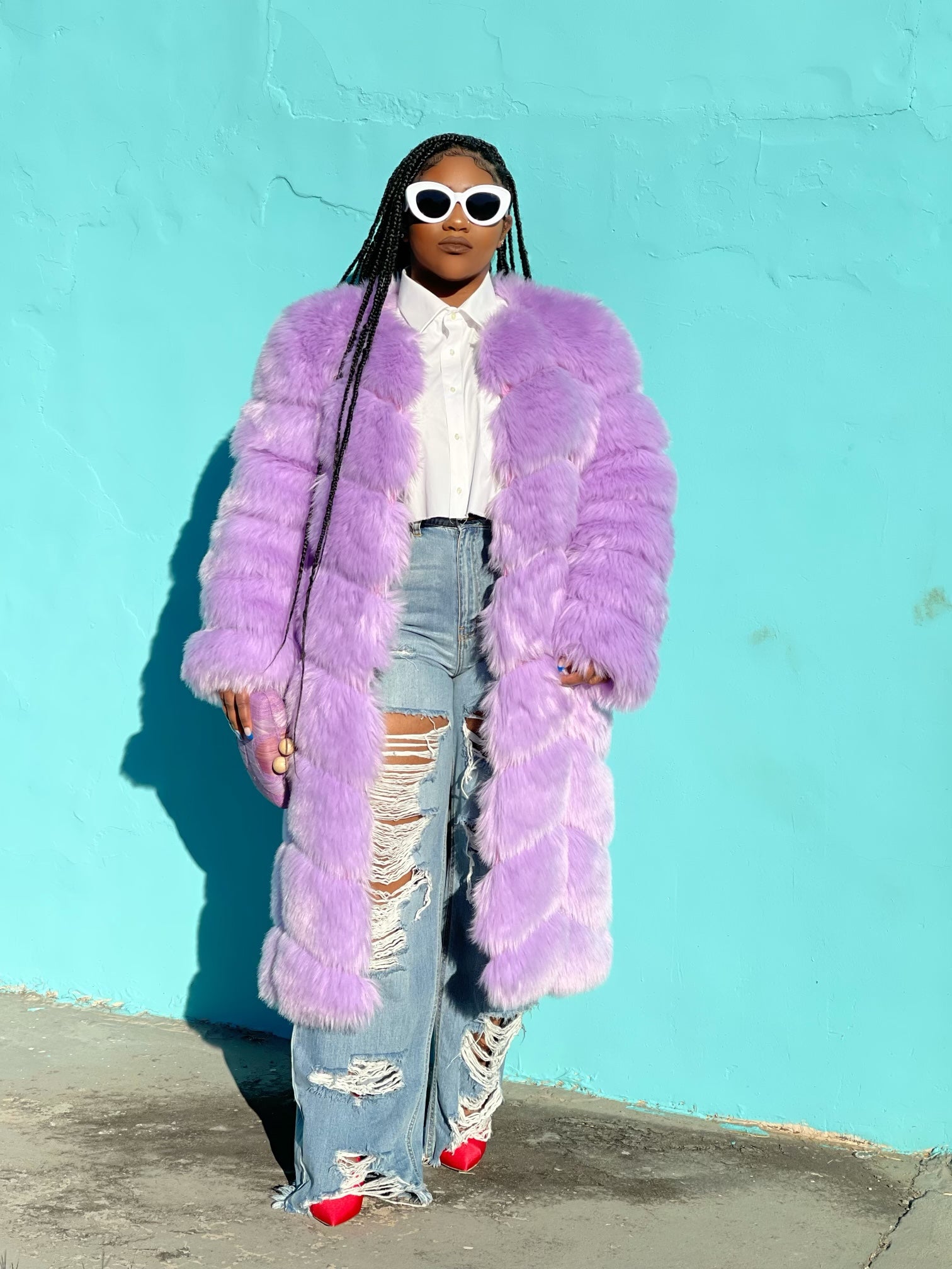 GOLDxTEAL purple faux fur coat. Gorgeous lilac vegan fur coat.