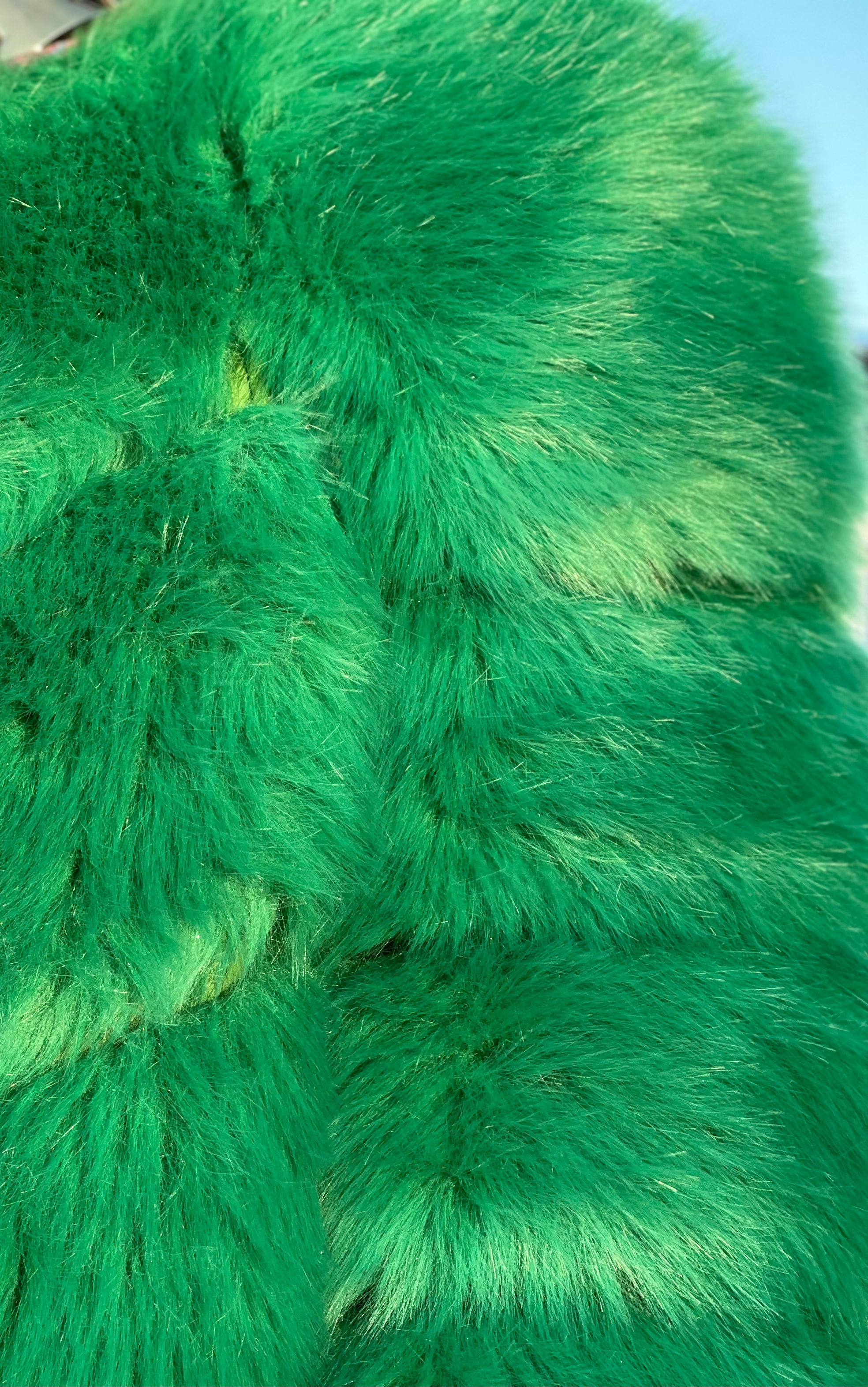 GOLDxTEAL green faux fur coat.