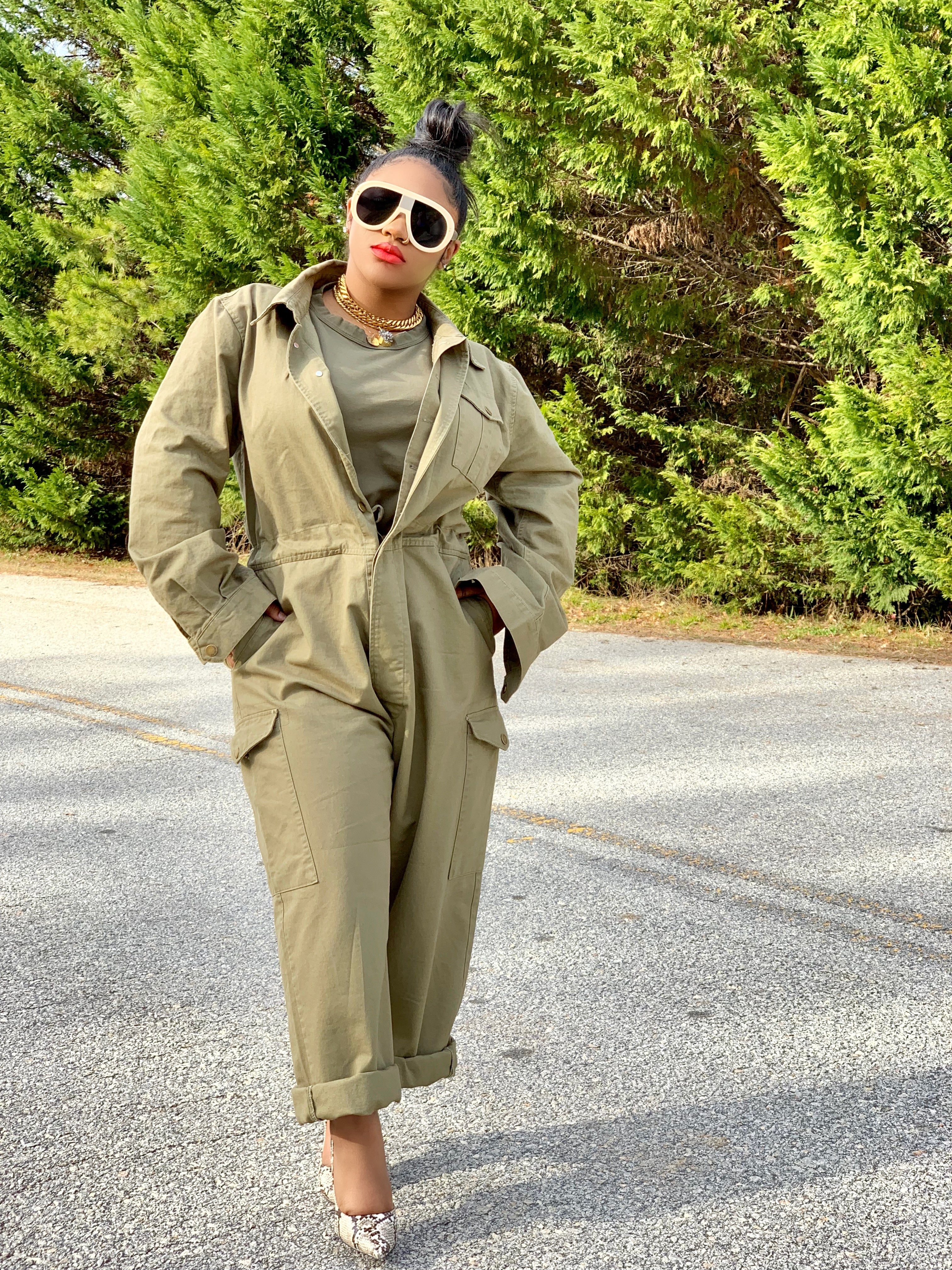 GOLDxTEAL oversized army green jumpsuit. Modern boiler room style jumpsuit.