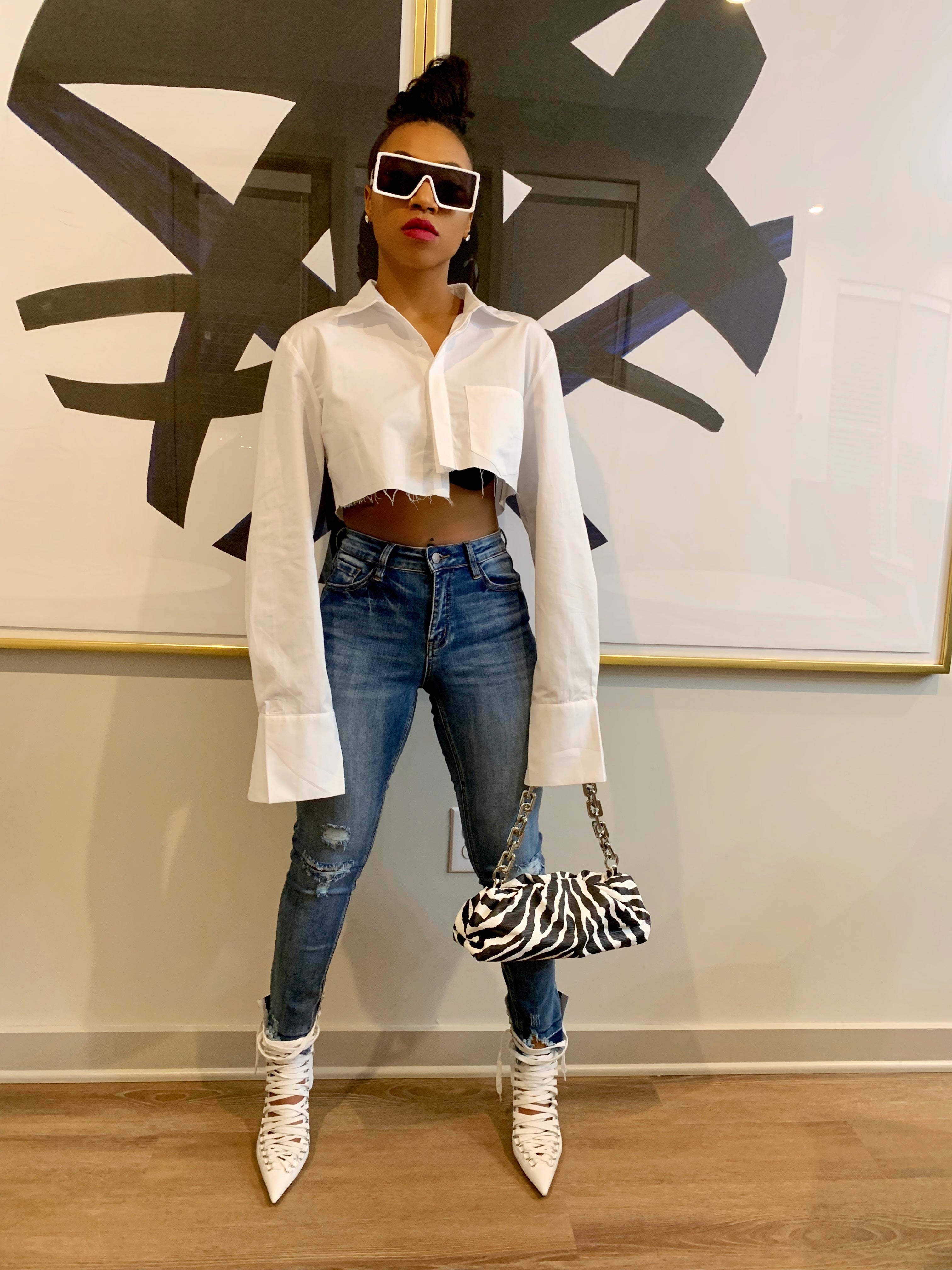 GOLDxTEAL stylish cropped white button up shirt. Modern asymmetrical button up shirt with  a raw hem line.