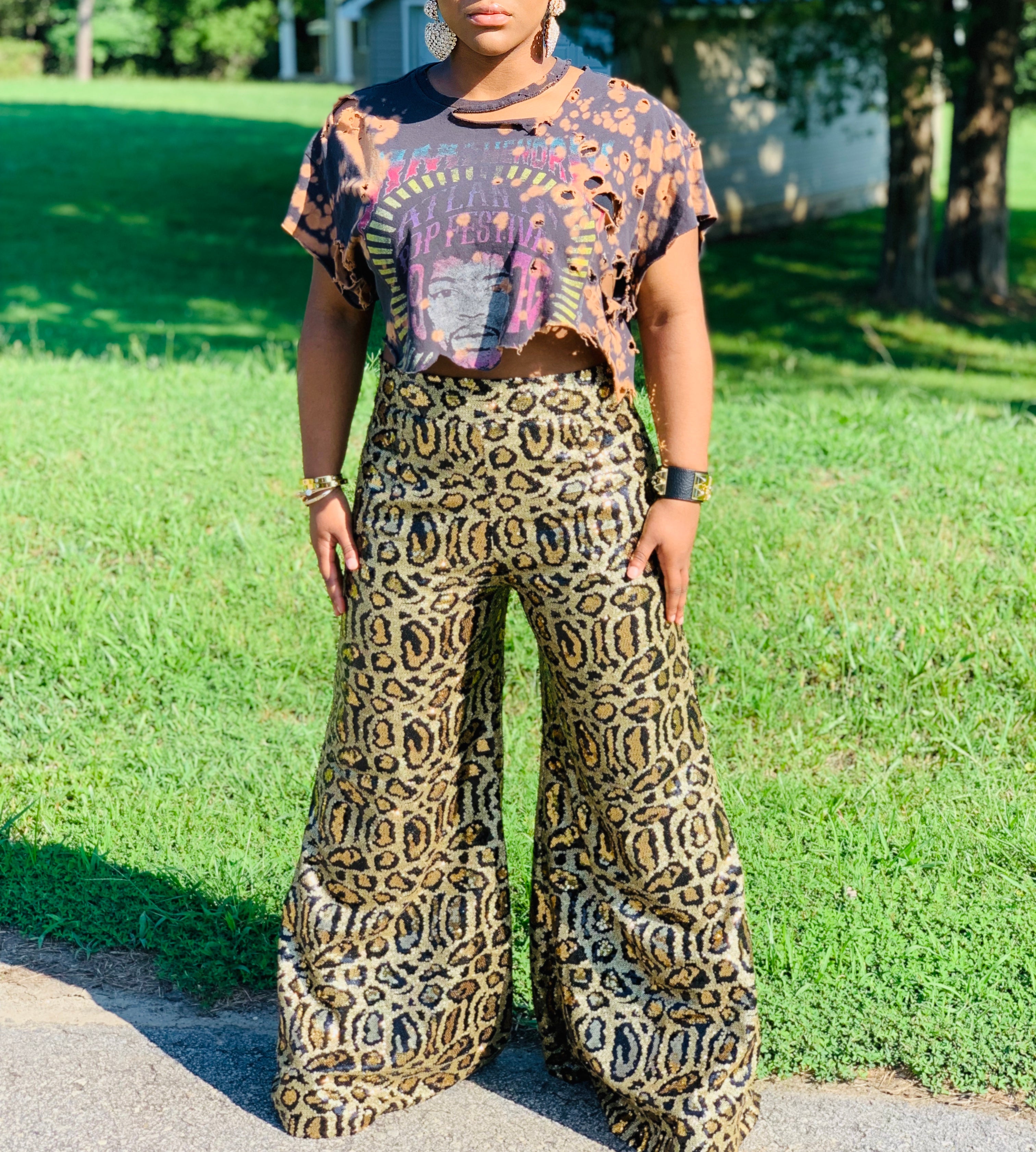 Gold x Teal leopard sequin wide leg pants. Gorgeous waist leopard sequin pants with wide leg bottoms.