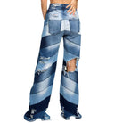 GOLDxTEAL high waist patchwork jeans. Stretch wide leg jeans with distressing.