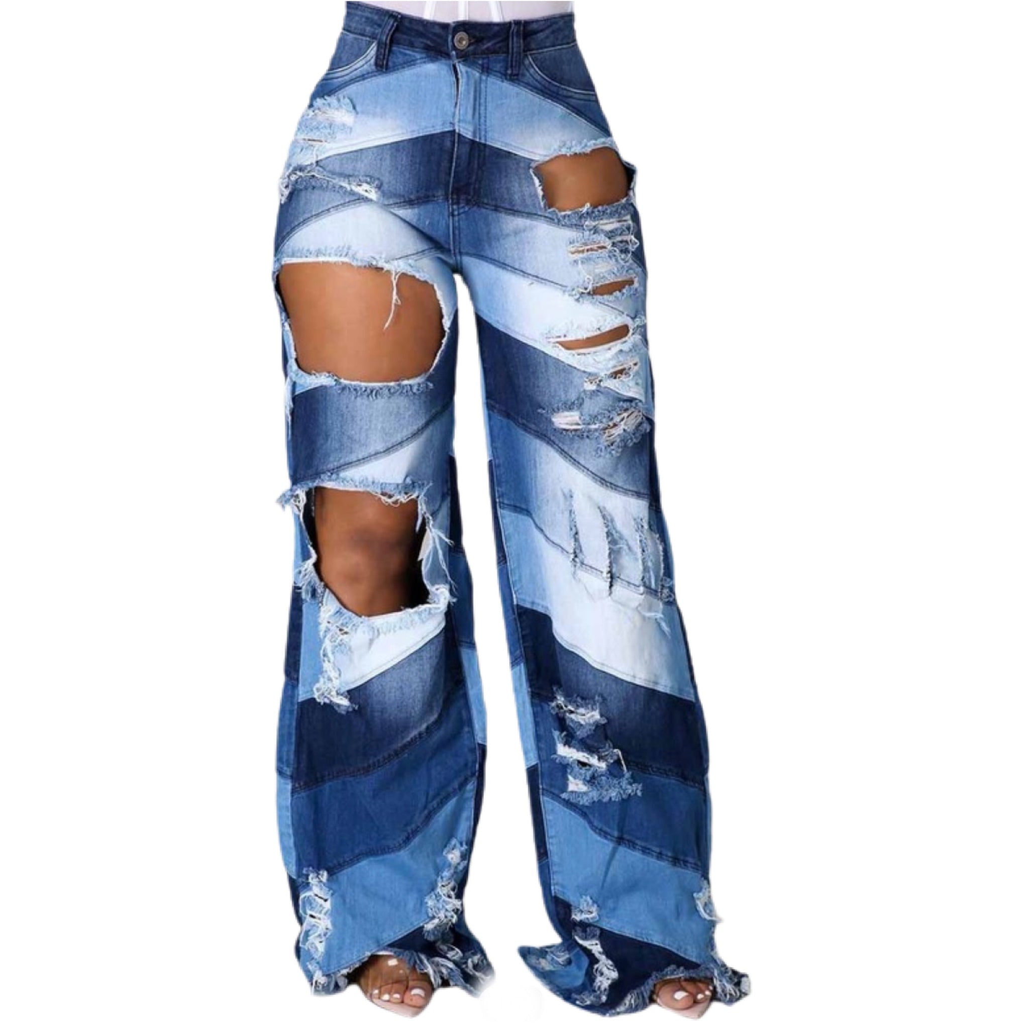 GOLDxTEAL high waist patchwork jeans. Stretch wide leg jeans with distressing.