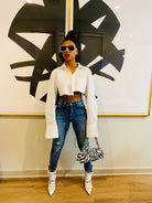 GOLDxTEAL stylish cropped white button up shirt. Modern asymmetrical button up shirt with  a raw hem line.