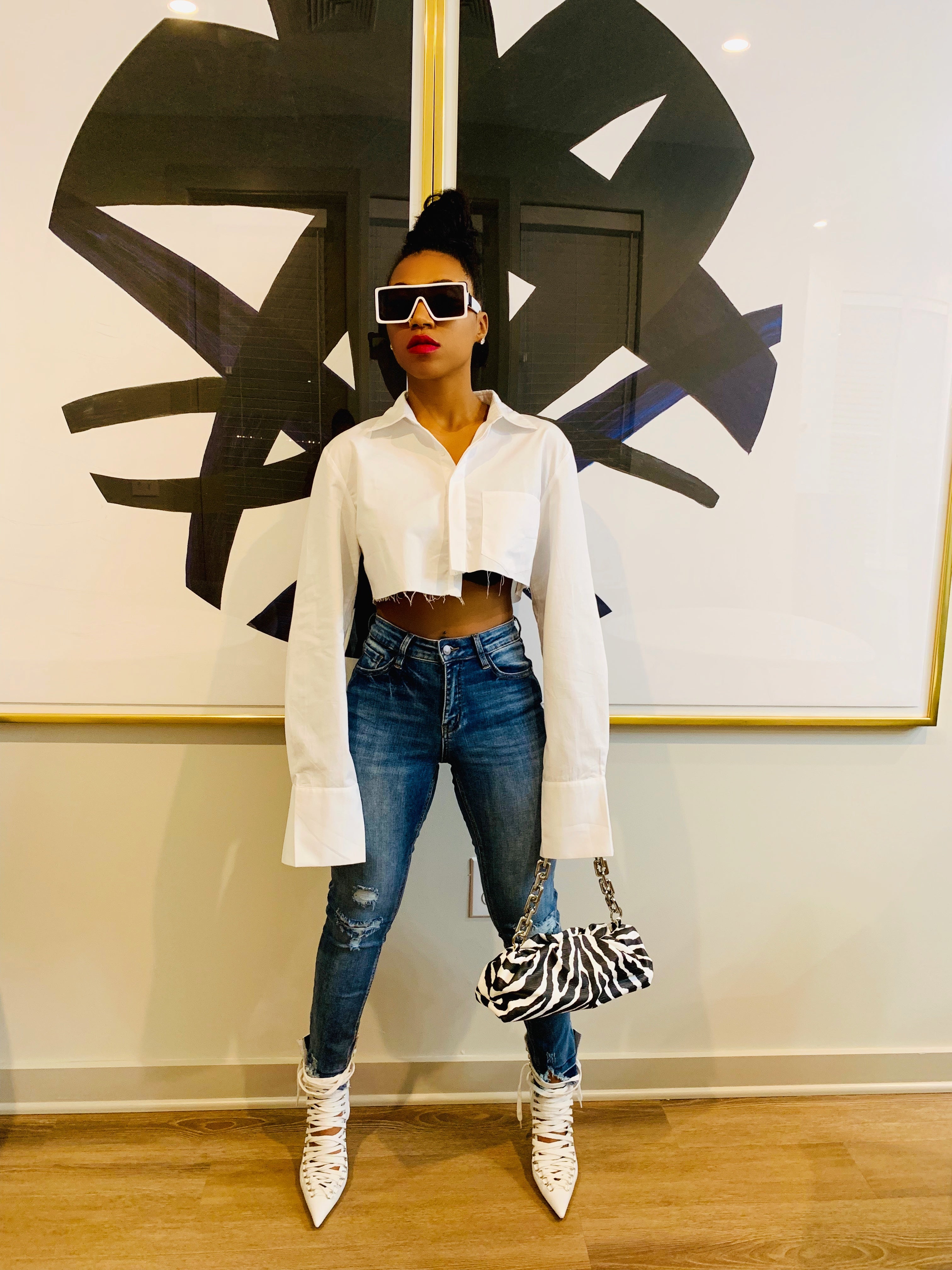 GOLDxTEAL stylish cropped white button up shirt. Modern asymmetrical button up shirt with  a raw hem line.