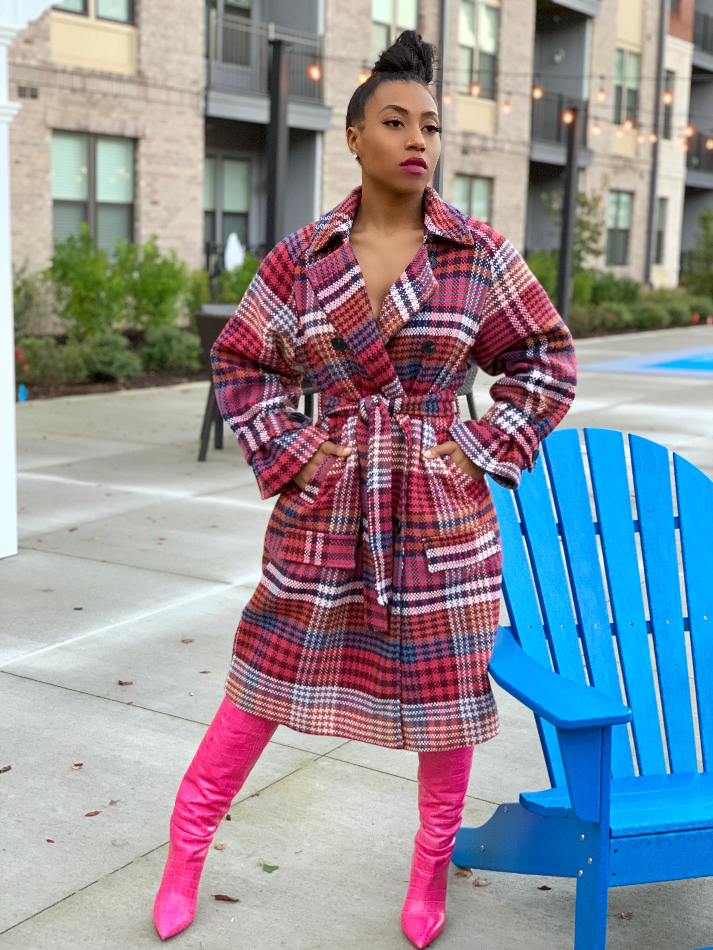 GOLDxTEAL gorgeous colorful plaid trench coat. Heavy thick trench coat in beautiful muted tones of pink, hot pink, blues, tan and cream.