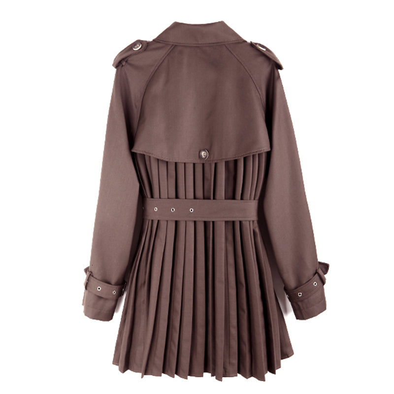 GOLDxTEAL Mousse Pleated Trench Coat. Gorgeous deep brown colored trench coat with a modern pleated body, waist belt and front button closure.
