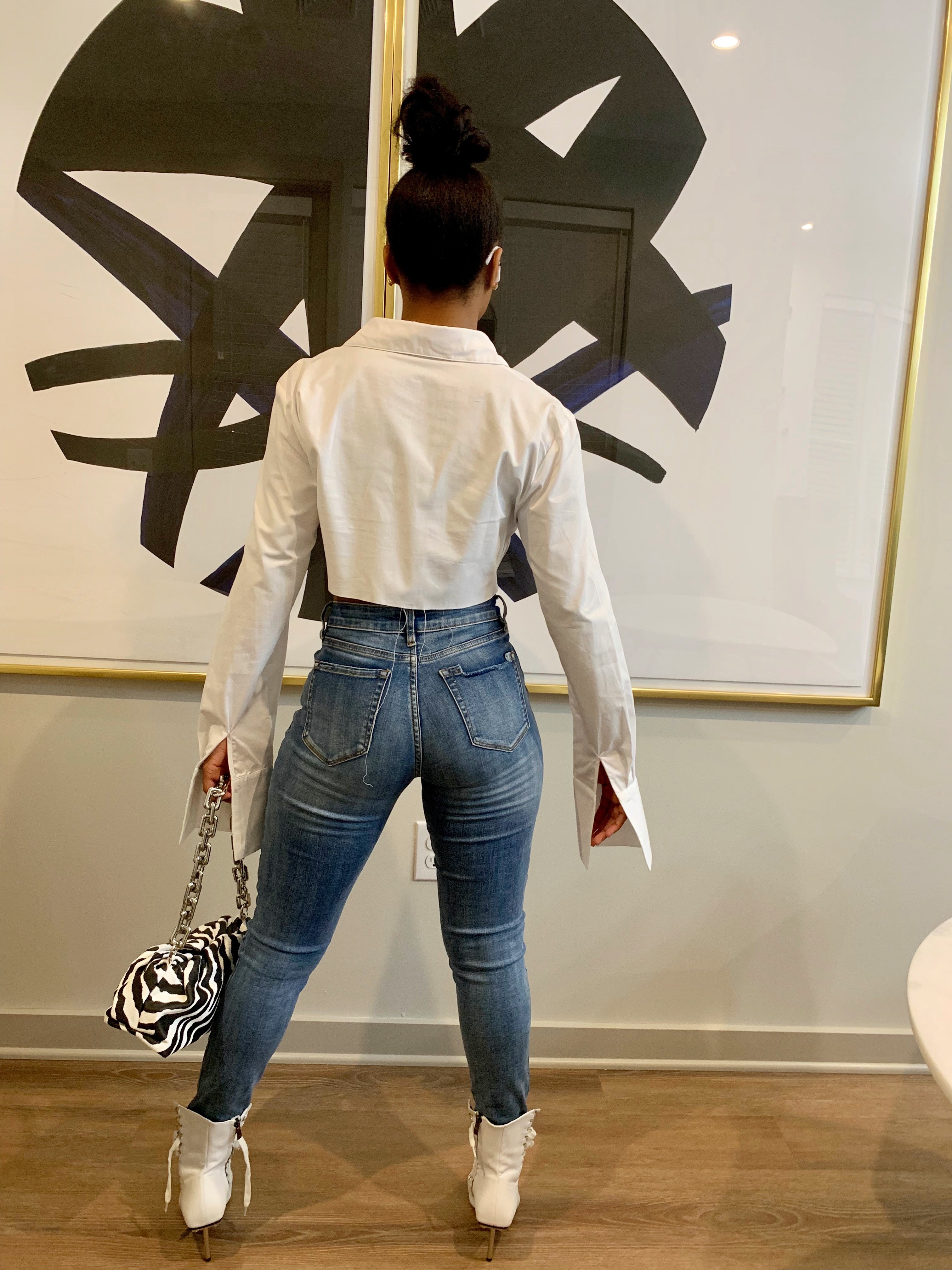 GOLDxTEAL stylish cropped white button up shirt. Modern asymmetrical button up shirt with  a raw hem line.