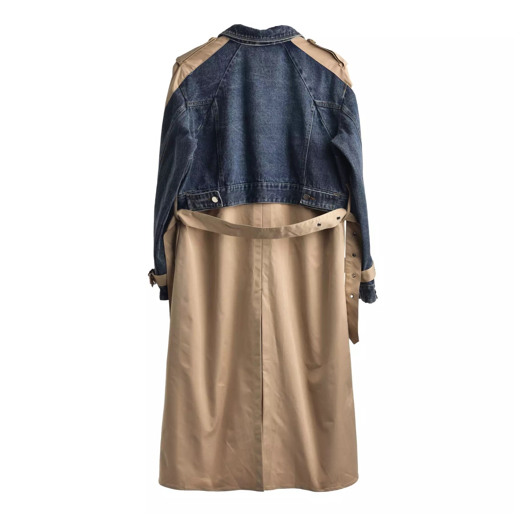 GOLDxTEAL Why Not Denim Trench Coat. Stylish trench coat with patchwork denim.
