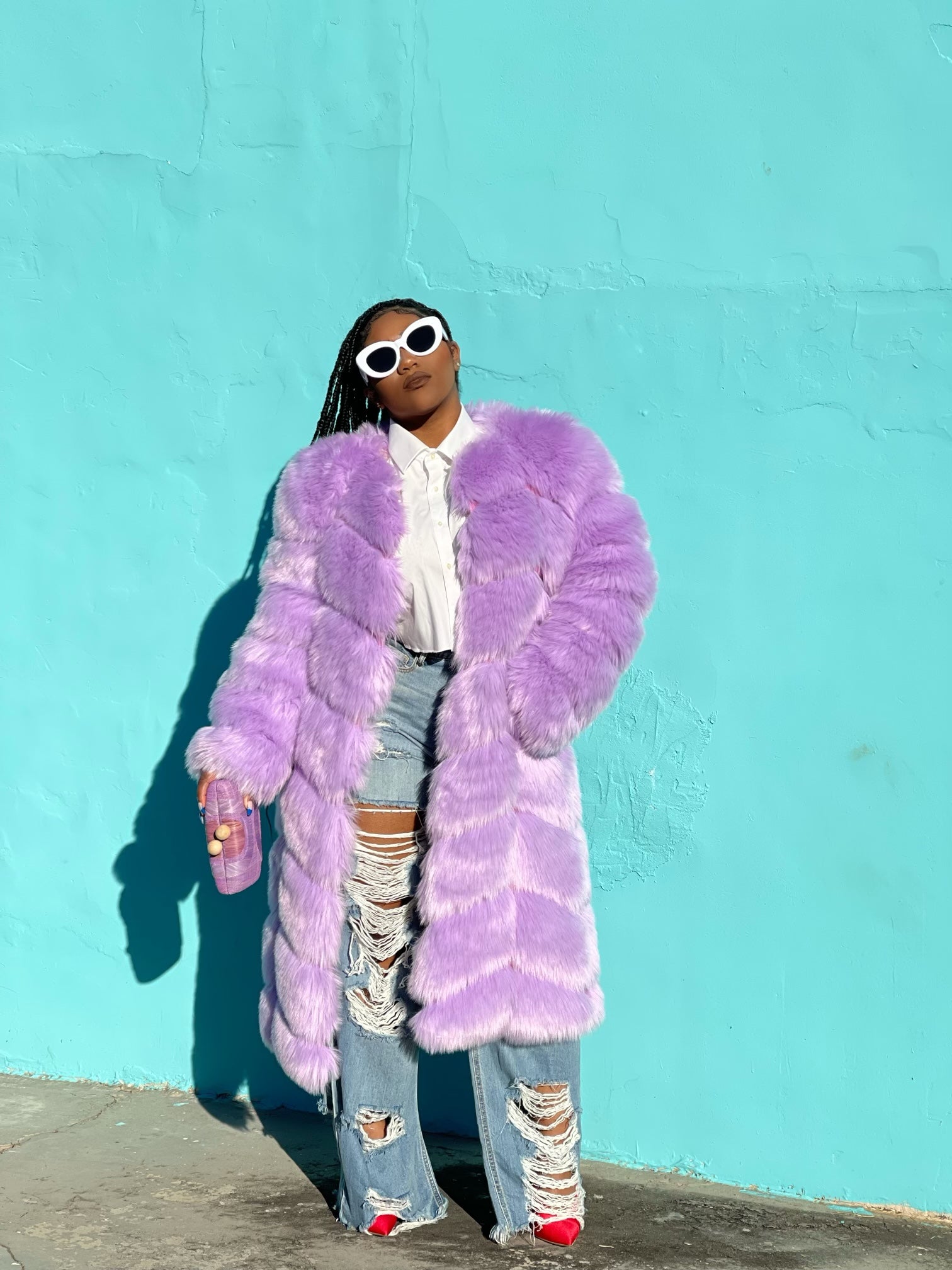 GOLDxTEAL purple faux fur coat. Gorgeous lilac vegan fur coat.