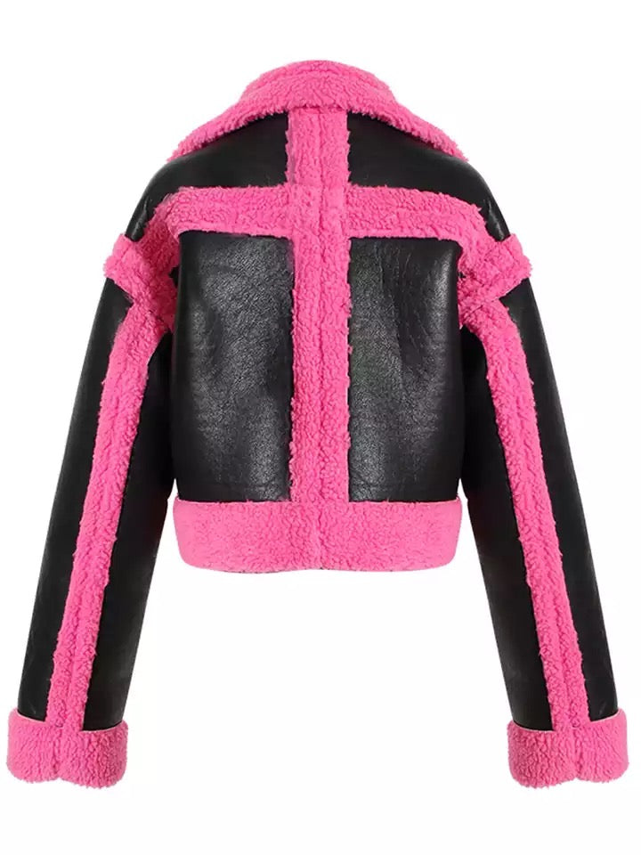 GOLDxTEAL pink and black faux shearling jacket.