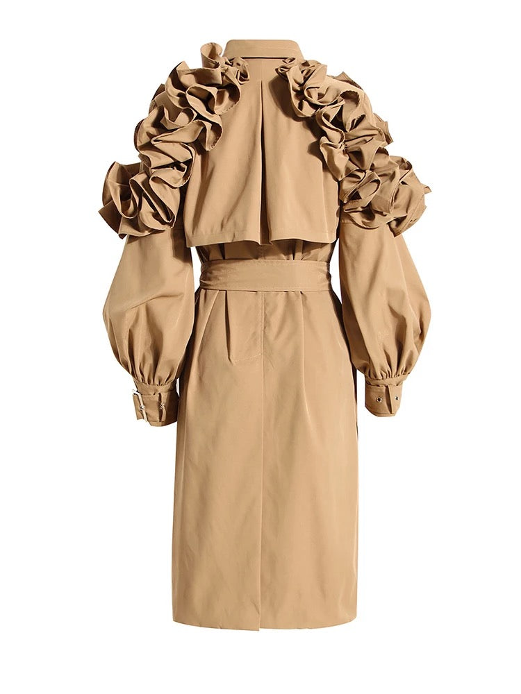 GOLDxTEAL statement ruffle trench coat.