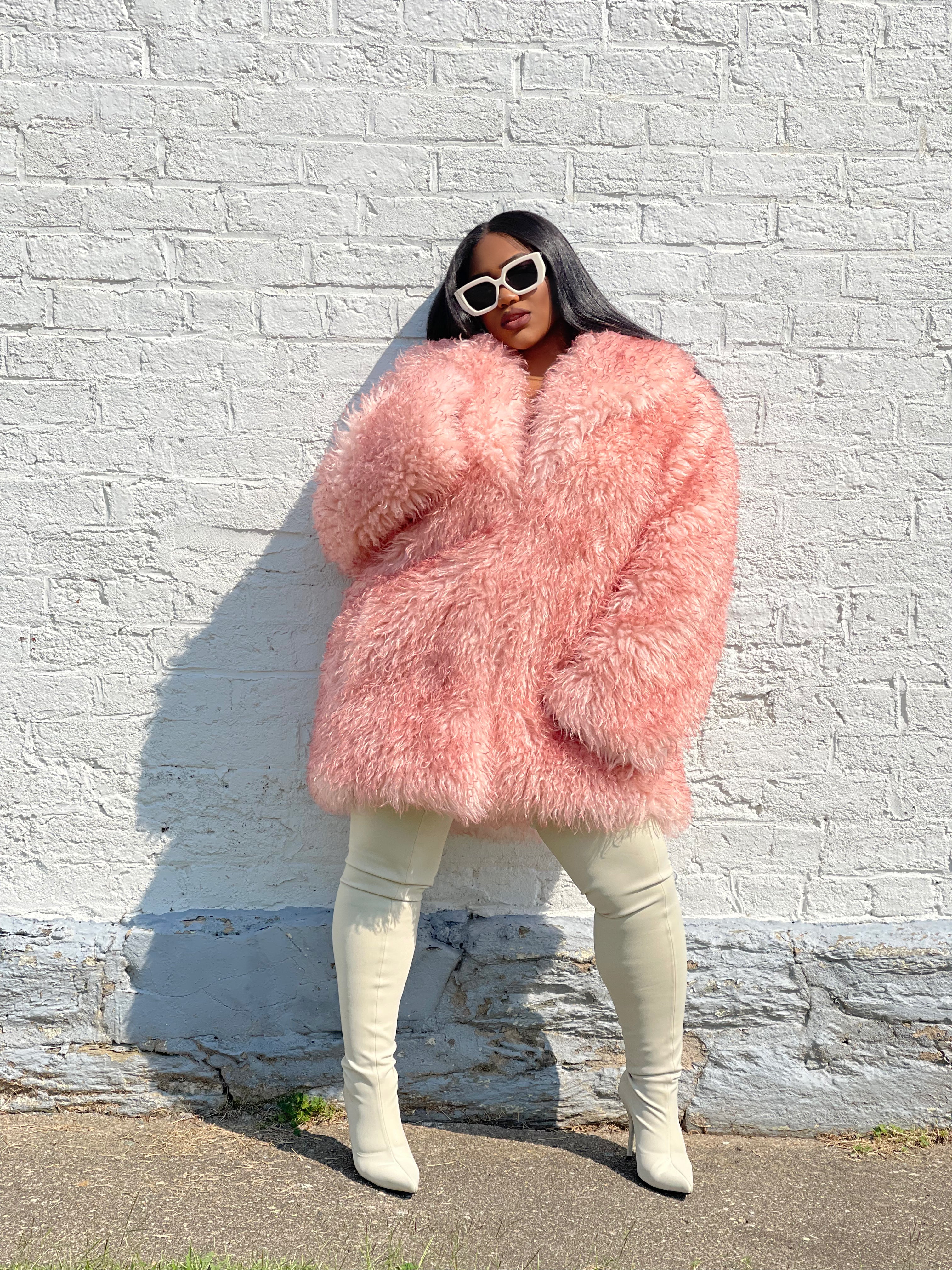GOLDxTEAL pink faux fur coat. Soft and fluffy vegan fur jacket.