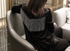 GOLDxTEAL black satin shirt accented with silver metal fringe.